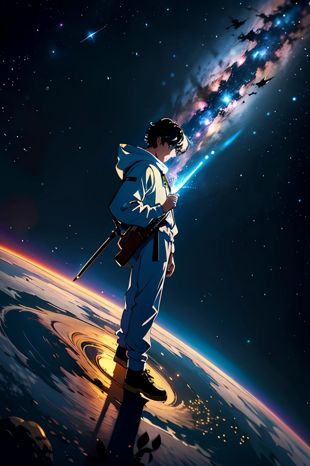 1menino, solo, standingn, outer space, estrela gigante, estrela brilhante, dim sky, roupas de nobre, roupa branca, roupa dourada, roupa preta, yggdrasil tree, giant tree, estrelas menores, (8k super detalhado), (obra-prima), ((obra-prima)), ((cinematic quality)), personagem olhando para a tela, Character in space, fora do planeta, Character flying in space, estrelas de fundo, yggdrasil de fundo, Dark sky around, Dark sky background, nuvens escuras, nuvens claras, personagem de luz, personagem iluminado, personagem brilhante, destaque aos elementos de fundo, destaque ao personagem masculino, roupa nobre branca, figura divina, asas brancas, espada dourada, espada na cintura, arco dourado, arco nas costas, sobretudo branco, ornamentos em dourado, ancient inscriptions, foco no personagem, Character turned in the direction of the screen, personagem olhando a tela, foco no personagem olhando a tela, personagem maior na tela, ((qualidade alta)), ((good rendering))
