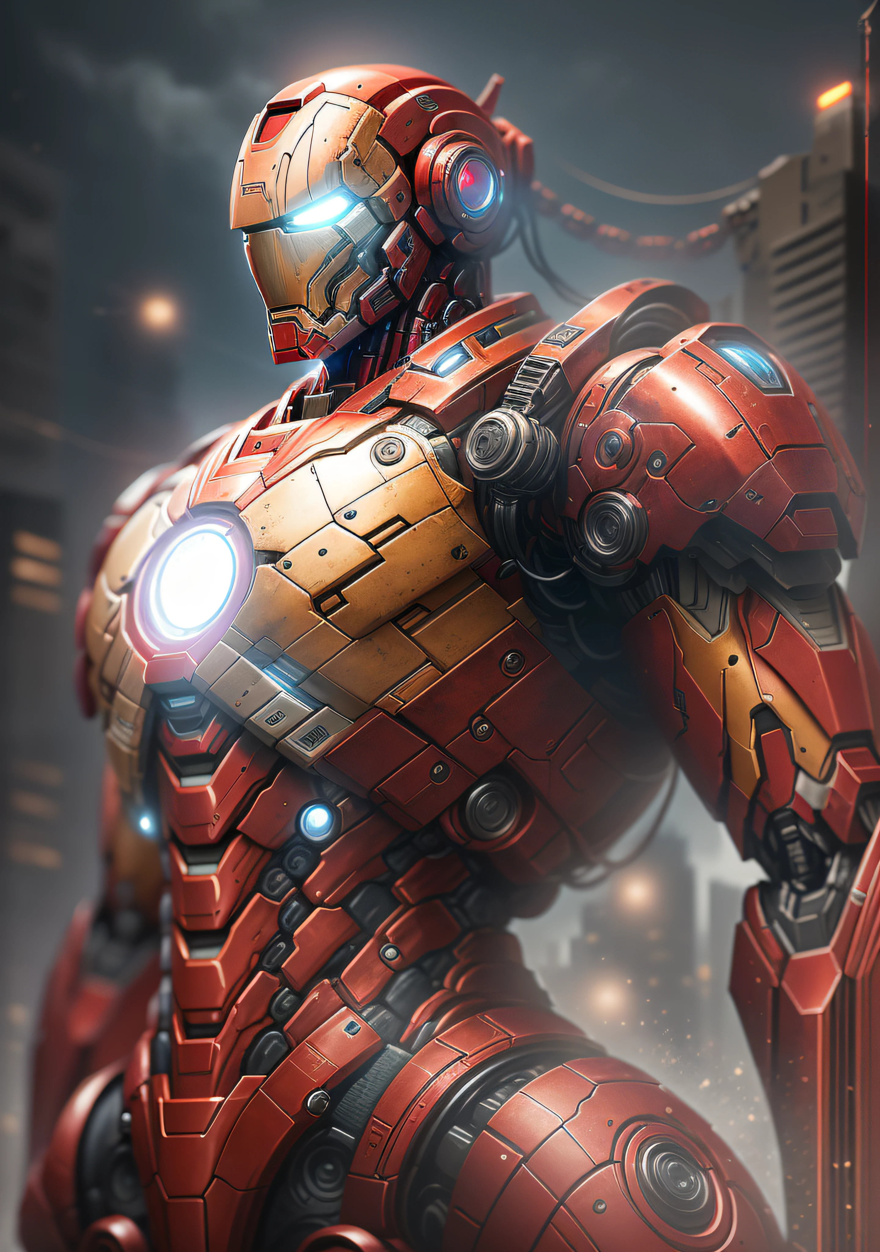The ultimate Iron Man in Marvel photography, Biomechanical, complex robot, full growth, Hyper-realistic, Crazy little details, extremely clean lines, cyberpunk aesthetics, masterpiece featured on Zbrush Central