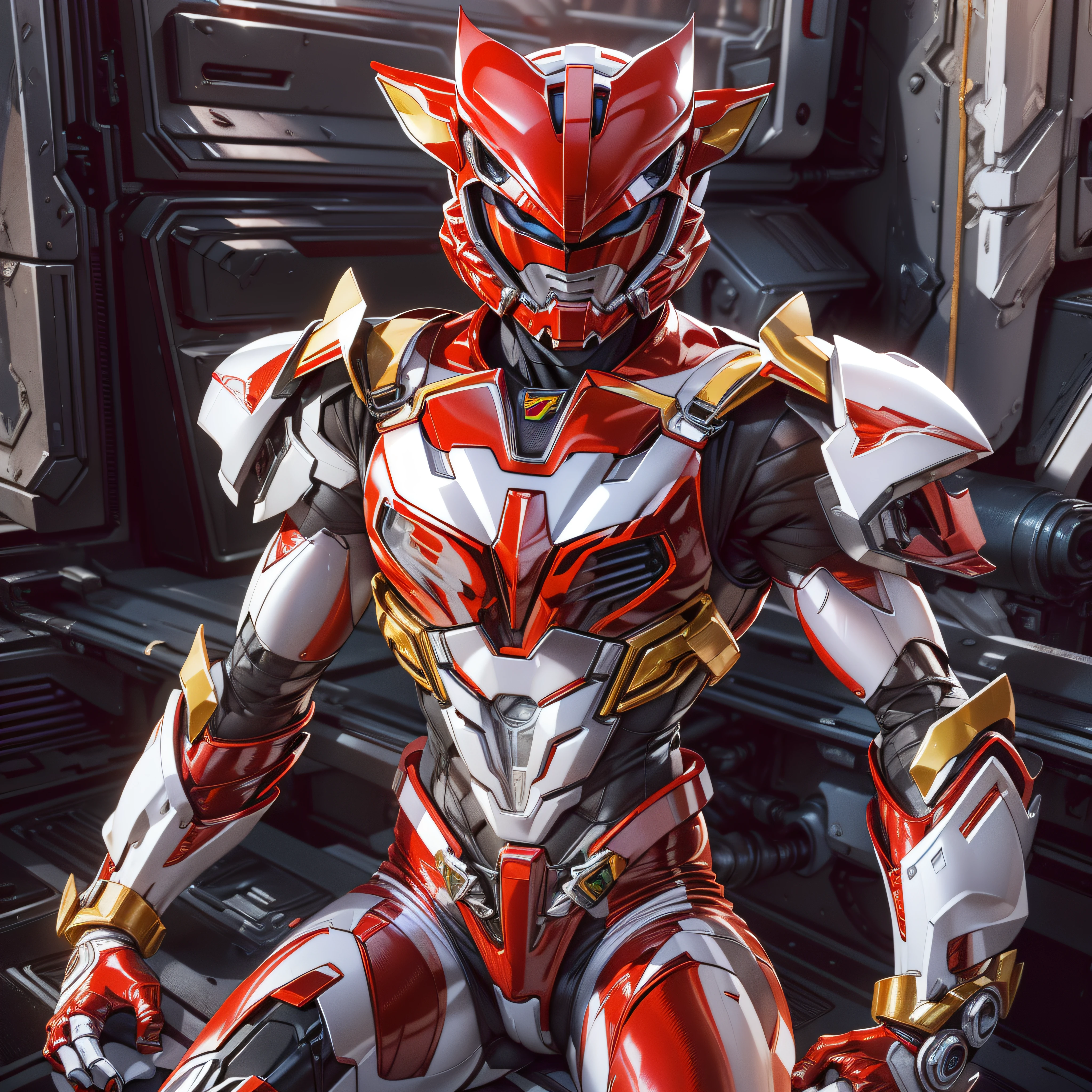 1man, masterpiece,best quality, masterpiece, high detail,detailed face,detailed eyes,rendered eyes,perfect eyes,hip lines,ambient occlusion,crisp image,detailed,amazing,8k,8k wallpaper,8k in megazord cockpit background, high detailed skin,high res, ((male shot)), (running), megazord, mecha, (sitting in megazord cockpit) ((solo)), (red chrome Power Ranger), (((red chrome armor, red chrome Rhino helmet, red chrome bodysuit, white belt, black eyes, white gloves))), (((white boots))), gold chrome armor, white gloves, red chrome bodysuit, vambraces, photo-realistic, ultra-realistic, unreal engine,