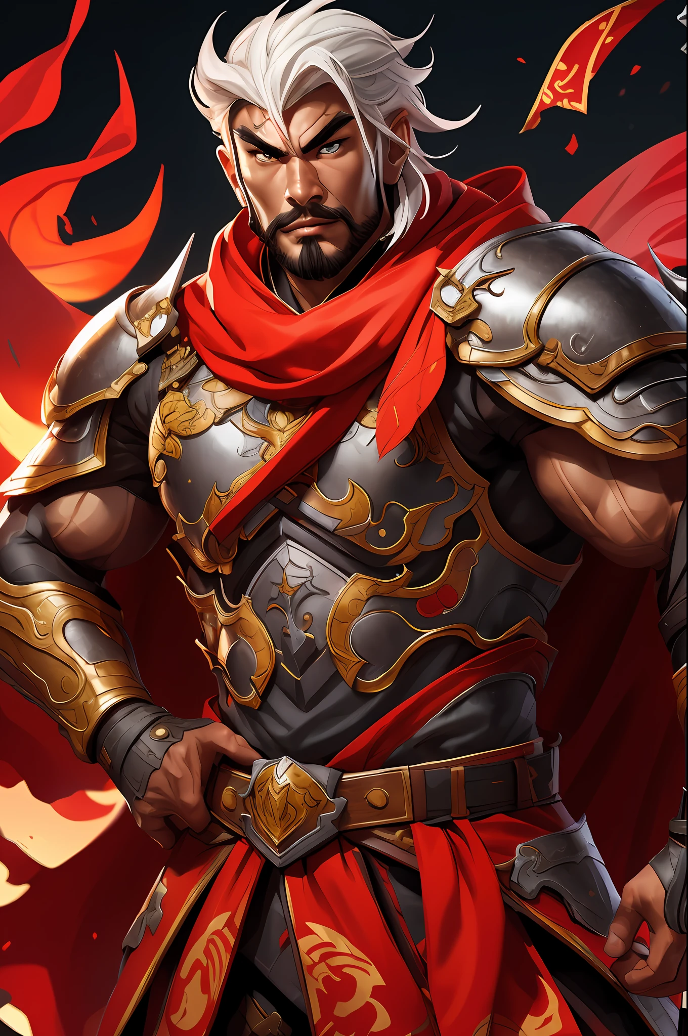 Sun jian dynesty worriors game, chinese male, chinese, cape, armor, weapon,solo, 1boy, strong, muscular male, wide waist, fire,  armor, big eyes, high resolution, Chinese castle background, highly detailed