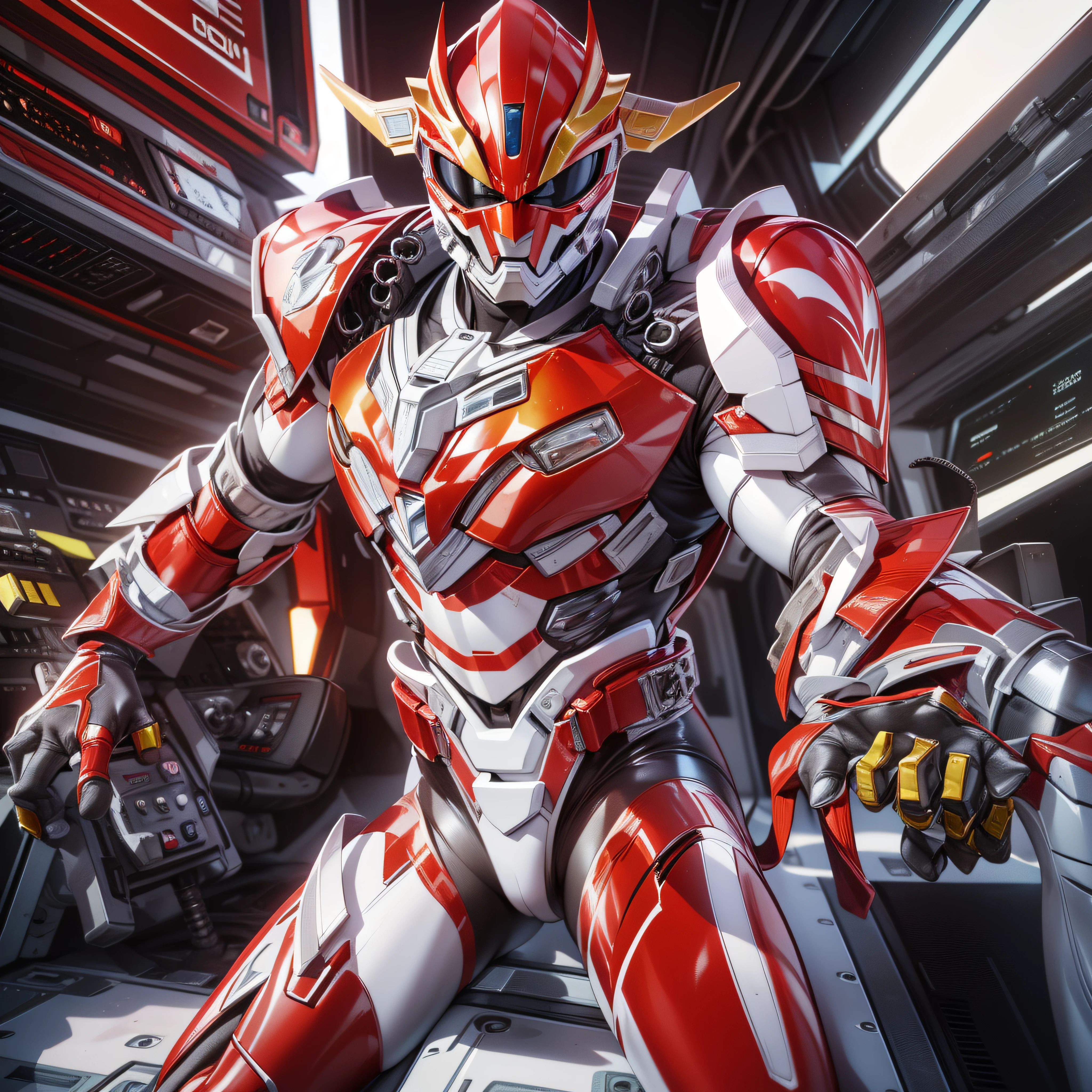 1man, masterpiece,best quality, masterpiece, high detail,detailed face,detailed eyes,rendered eyes,perfect eyes,hip lines,ambient occlusion,crisp image,detailed,amazing,8k,8k wallpaper,8k in megazord cockpit background, high detailed skin,high res, ((male shot)), (running), megazord, mecha, (sitting in megazord cockpit) ((solo)), (red chrome Power Ranger), (((red chrome armor, red chrome Rhino helmet, red chrome bodysuit, white belt, black eyes, white gloves))), (((white boots))), gold chrome armor, white gloves, red chrome bodysuit, vambraces, photo-realistic, ultra-realistic, unreal engine,