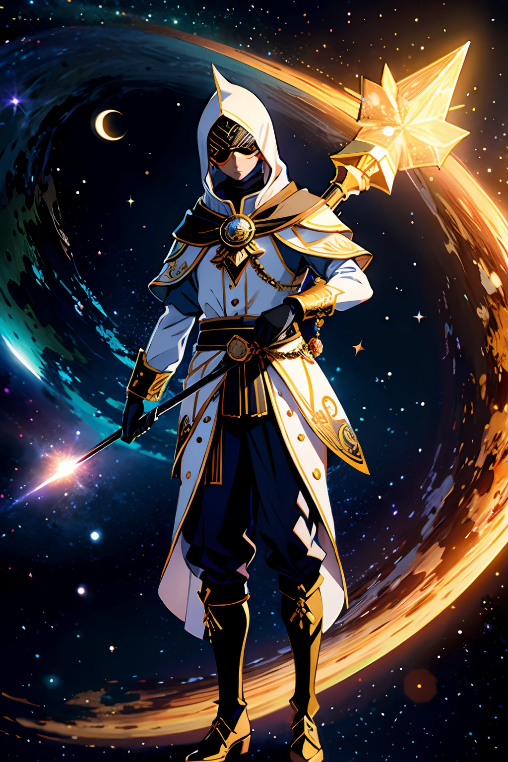 1menino, solo, standingn, outer space, estrela gigante, estrela brilhante, dim sky, roupas de nobre, roupa branca, roupa dourada, roupa preta, yggdrasil tree, giant tree, estrelas menores, (8k super detalhado), (obra-prima), ((obra-prima)), ((cinematic quality)), personagem olhando para a tela, Character in space, fora do planeta, Character flying in space, estrelas de fundo, yggdrasil de fundo, Dark sky around, Dark sky background, nuvens escuras, nuvens claras, personagem de luz, personagem iluminado, personagem brilhante, destaque aos elementos de fundo, destaque ao personagem masculino, roupa nobre branca, figura divina, asas brancas, espada dourada, espada na cintura, arco dourado, arco nas costas, sobretudo branco, ornamentos em dourado, ancient inscriptions, foco no personagem, Character turned in the direction of the screen, personagem olhando a tela, foco no personagem olhando a tela, personagem maior na tela, roupa de guerreiro, armadura dourada, guarda real, nobre, luz