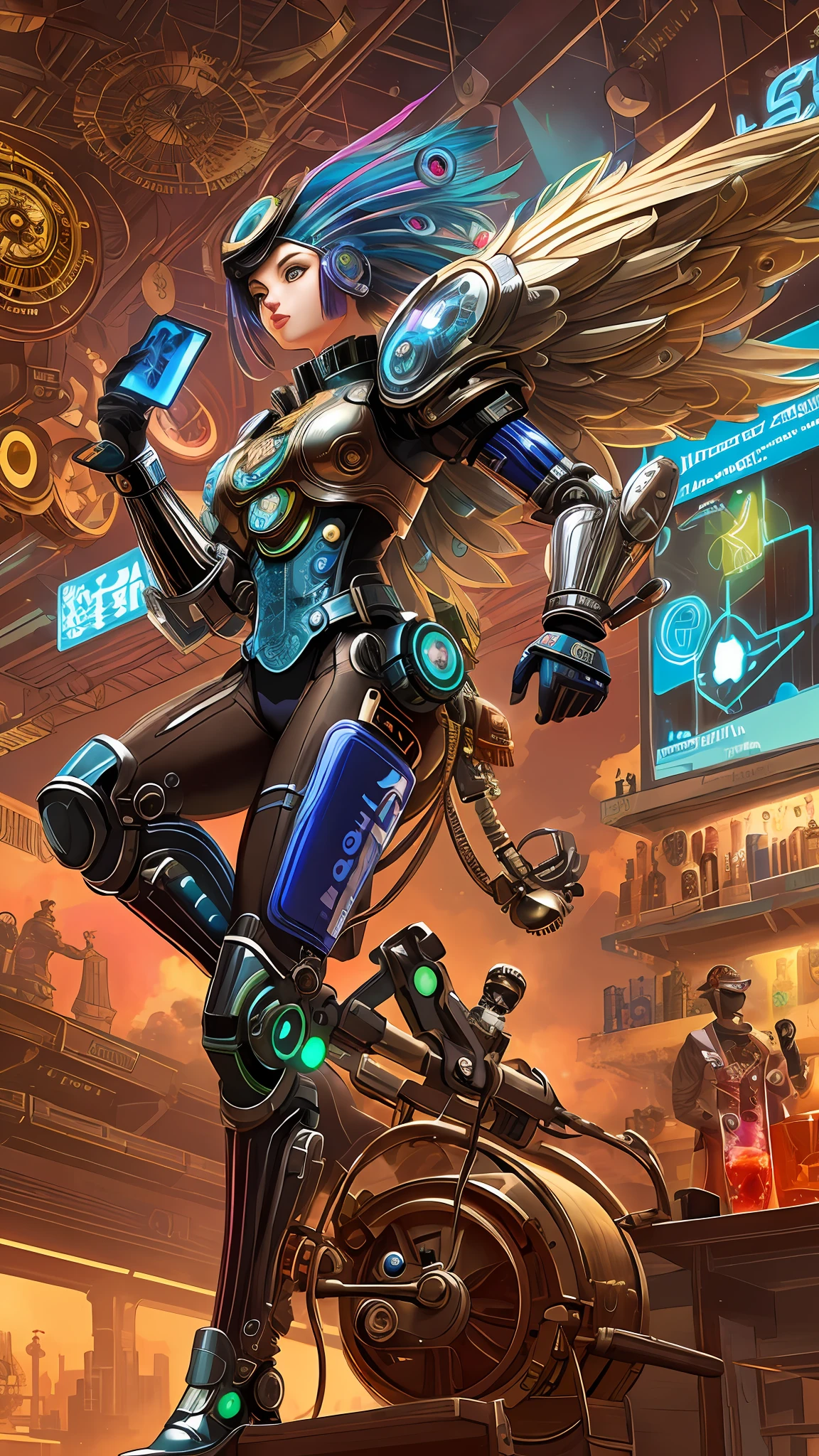Peacock Mechanic Android, alas de robot, steam punk, earnst haeckel, james jean. arte generativo, barroco, patrones intrincados, fractalismo, Still film, fotorrealista, plumas de pavo real vibrantes, intrincado, elegante, muy detallado, pintura digital, artstation, suave, foco nítido, illustration, Run faster, vaporware, toma de cuerpo completo