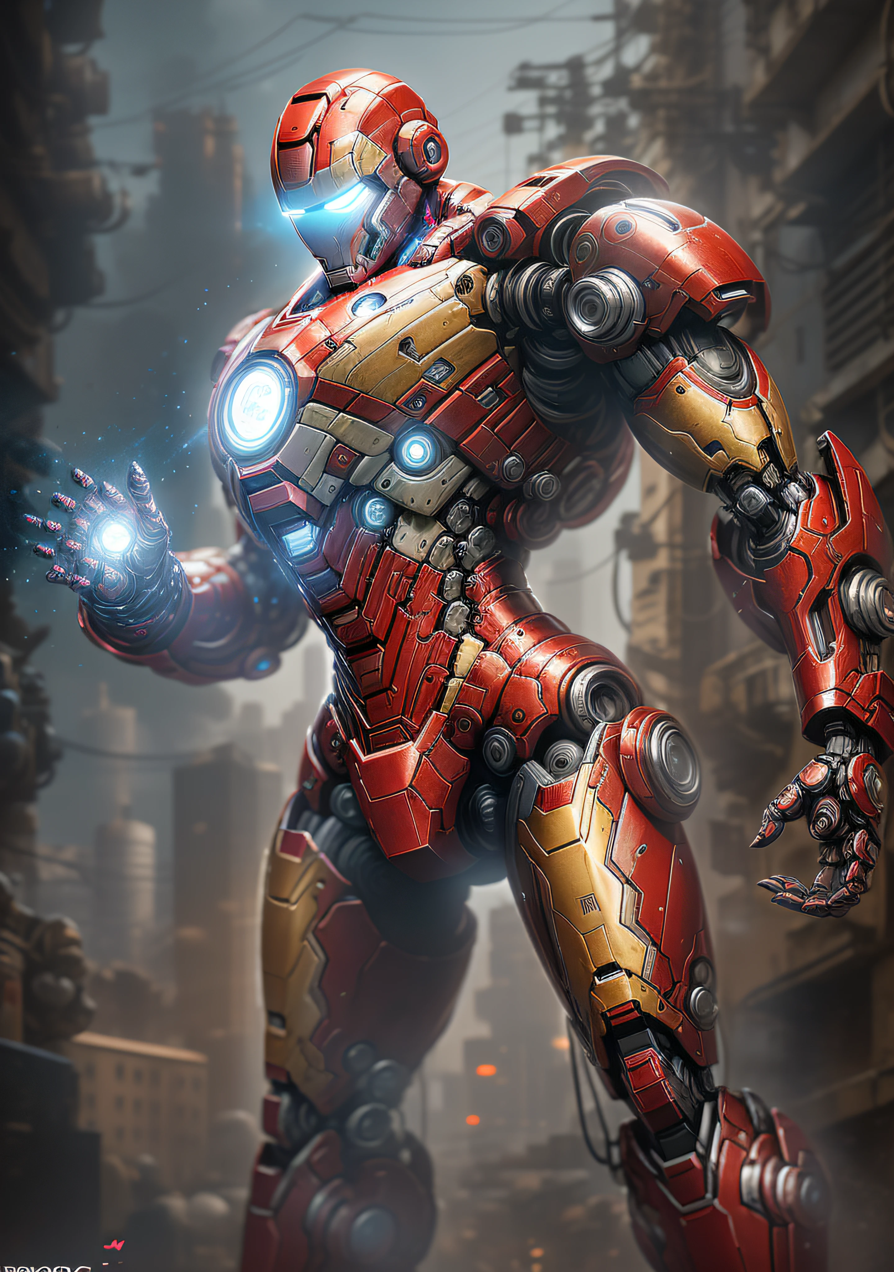 The ultimate Iron Man in Marvel photography, Biomechanical, complex robot, full growth, Hyper-realistic, Crazy little details, extremely clean lines, cyberpunk aesthetics, masterpiece featured on Zbrush Central