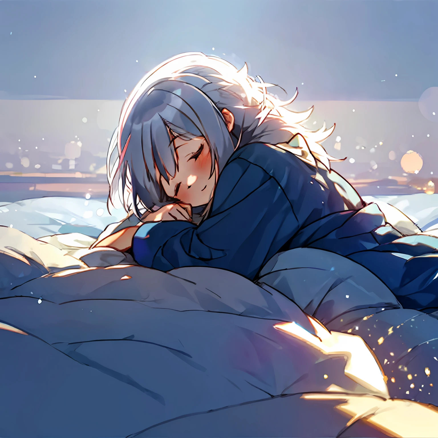 sleepeace, 1girl, face down, silver hair, pajamas, sunrise backlighting,, ultra_detailed:1.2