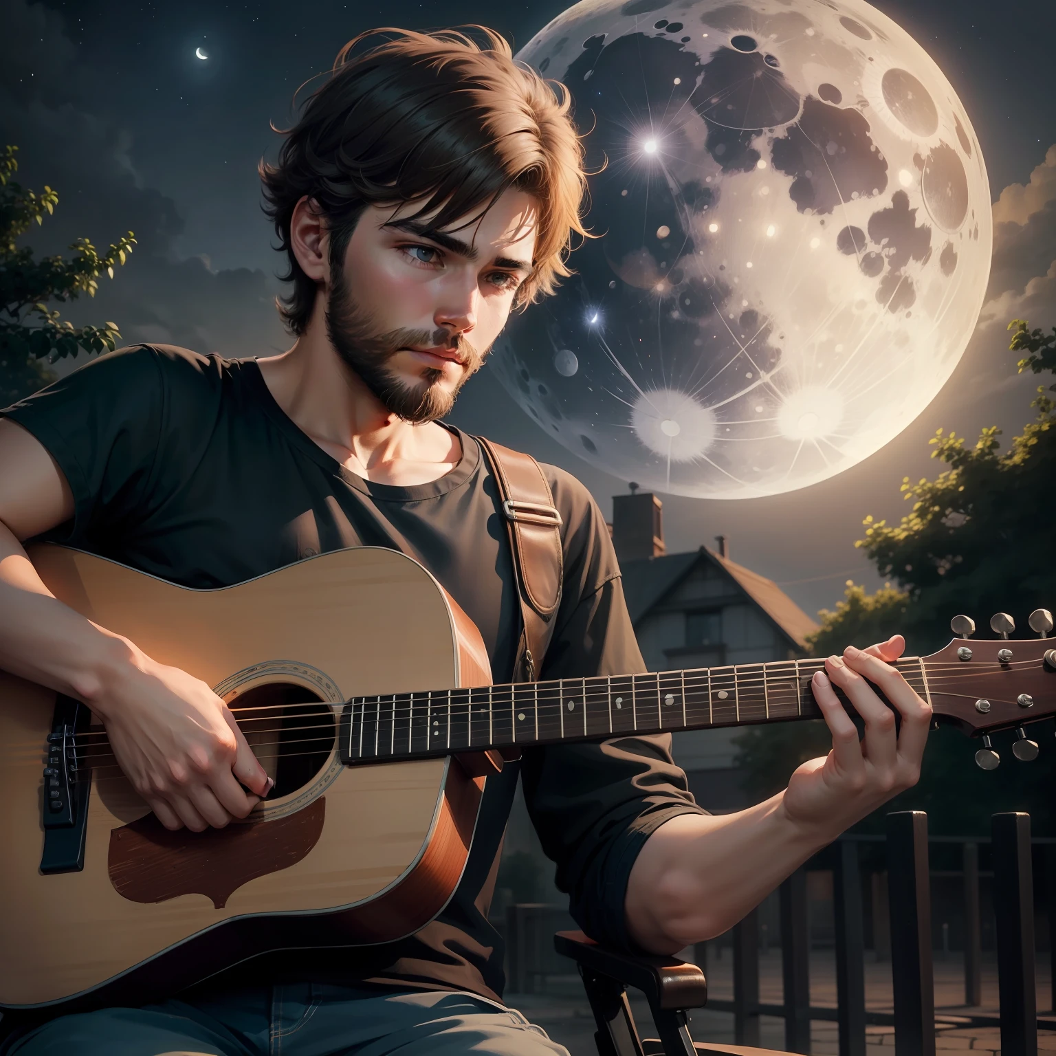A boy with thin short beard playing acoustic guitar outdoor in full moon night