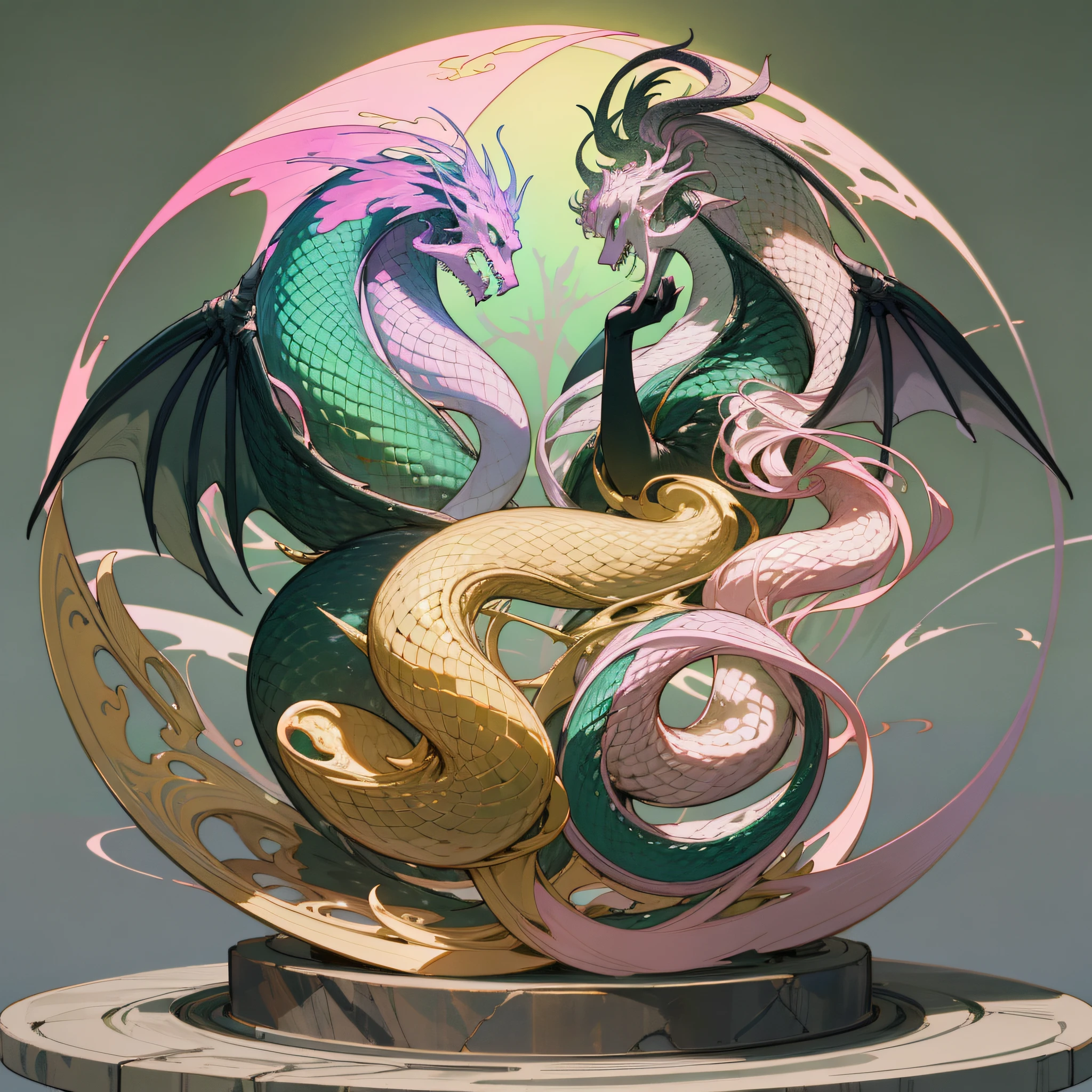 (maximum quality, exquisite design, better lighting, better shading), statue of 2 dragons in the form of Yin Yang, under the moon and the sun, detailed and realistic details, intricate, carved in pink and green marble, shining with moonlight and sunlight, a perfect balance between light and dark, mystical and serene.