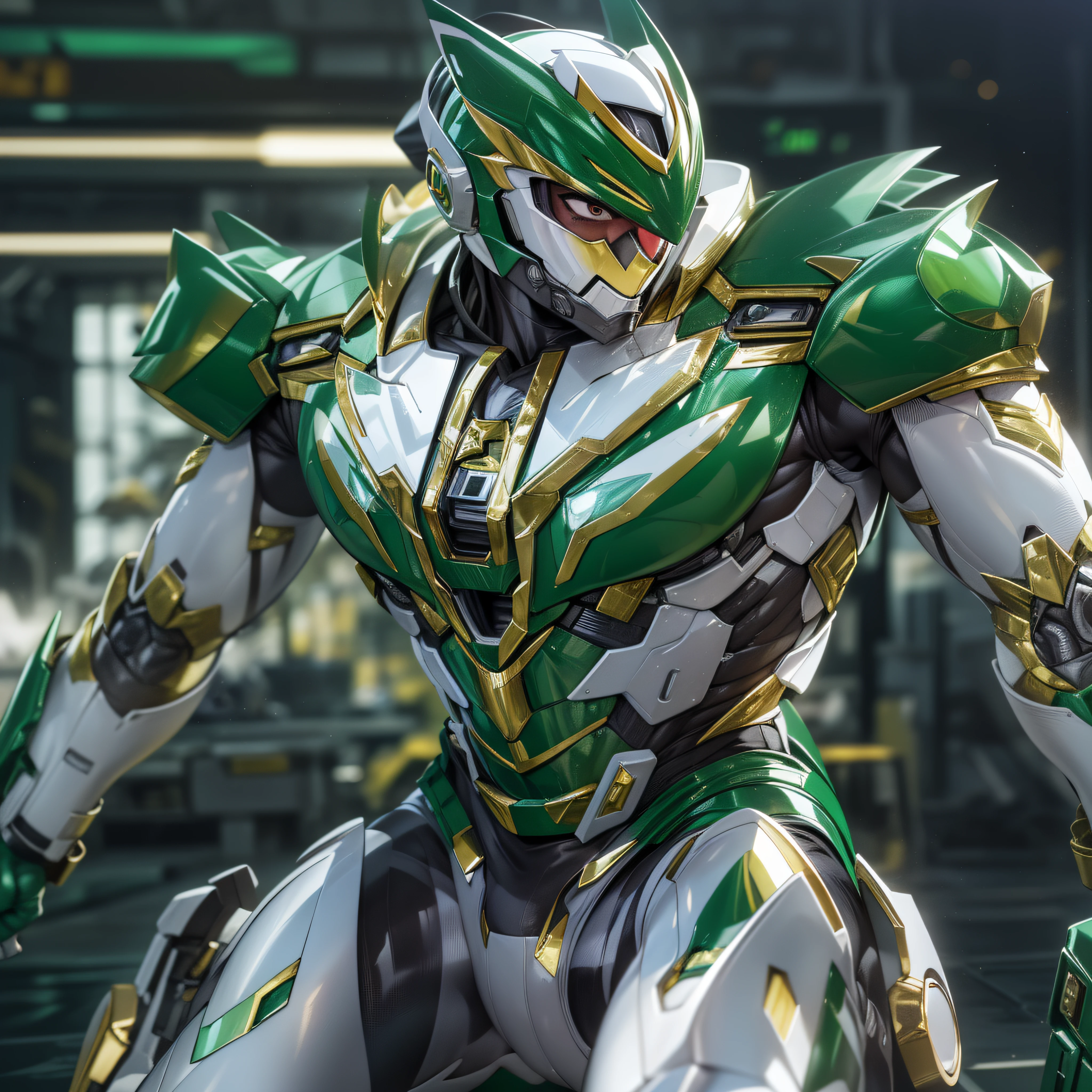 1man, masterpiece,best quality, masterpiece, high detail,detailed face,detailed eyes,rendered eyes,perfect eyes,hip lines,ambient occlusion,crisp image,detailed,amazing,8k,8k wallpaper,8k in megazord cockpit background, high detailed skin,high res, ((male shot)), (running), green megazord, mecha, (sitting in megazord cockpit) ((solo)), (Green chrome Power Ranger), (((green chrome armor, green chrome Rhino helmet, green chrome bodysuit, white belt, black eyes, white gloves))), (((white boots))), gold chrome armor, white gloves, green chrome bodysuit, vambraces, photo-realistic, ultra-realistic, unreal engine,