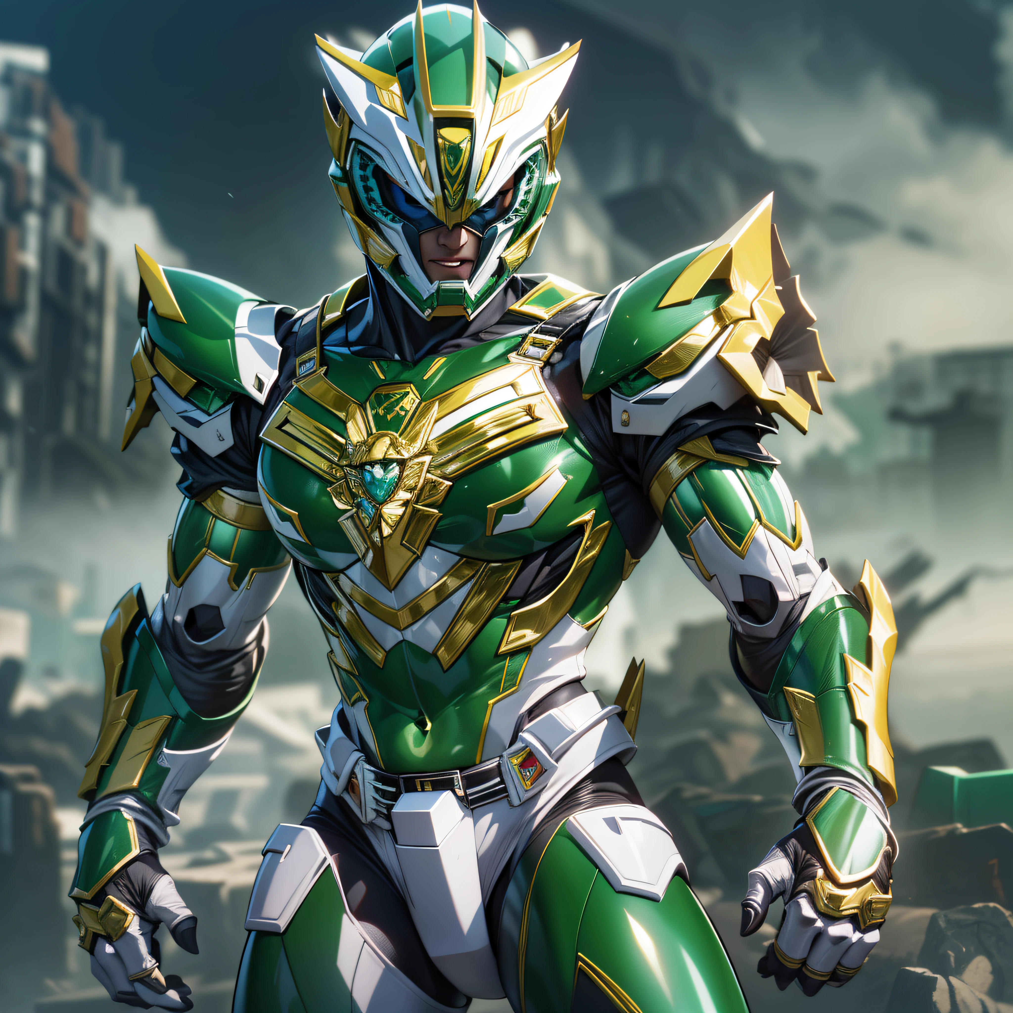 1man, masterpiece,best quality, masterpiece, high detail,detailed face,detailed eyes,rendered eyes,perfect eyes,hip lines,ambient occlusion,crisp image,detailed,amazing,8k,8k wallpaper,8k in megazord cockpit background, high detailed skin,high res, ((male shot)), (running), green megazord, mecha, (sitting in megazord cockpit) ((solo)), (Green chrome Power Ranger), (((green chrome armor, green chrome Rhino helmet, green chrome bodysuit, white belt, black eyes, white gloves))), (((white boots))), gold chrome armor, white gloves, green chrome bodysuit, vambraces, photo-realistic, ultra-realistic, unreal engine,