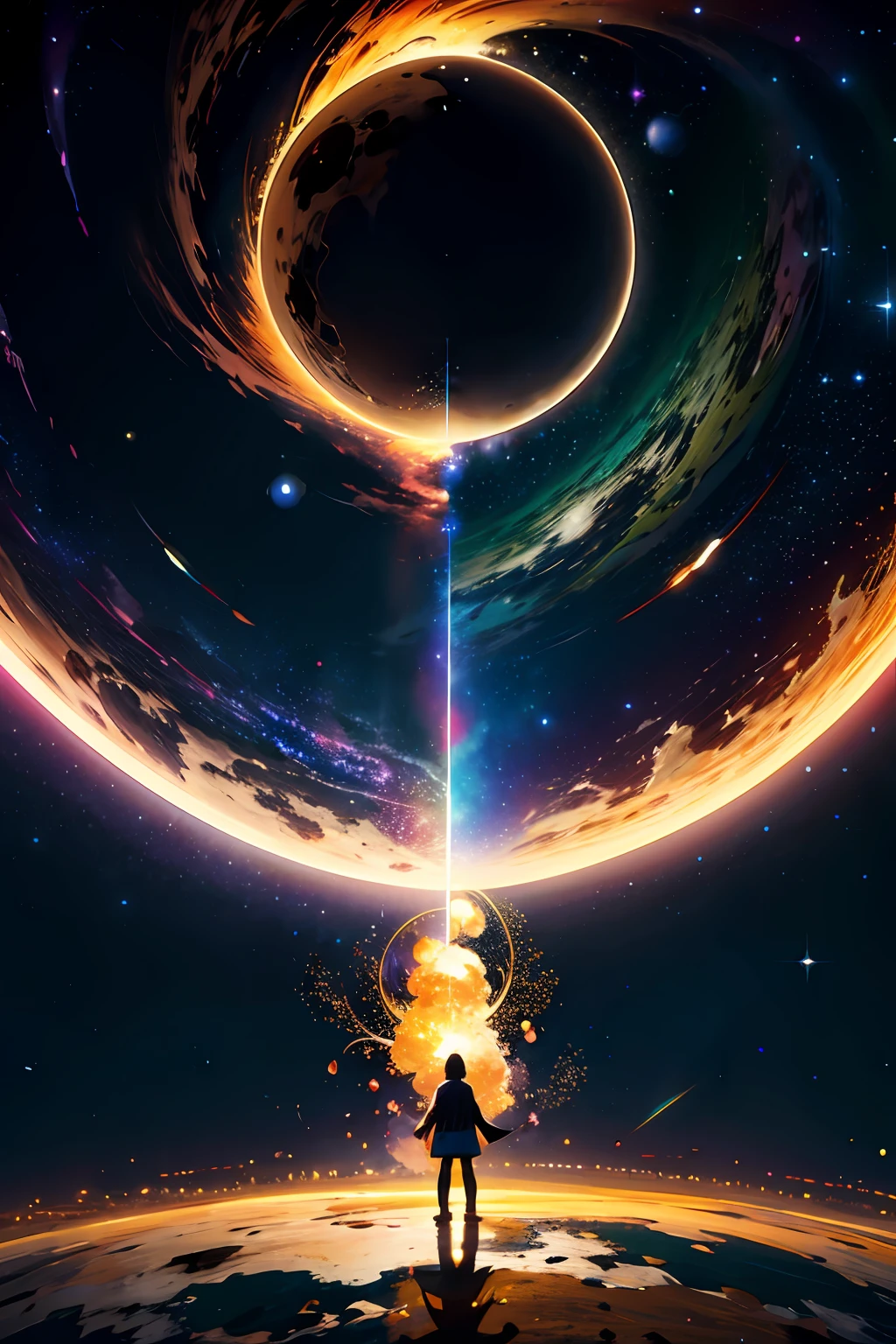 1menino, solo, standingn, outer space, estrela gigante, estrela brilhante, dim sky, roupas de nobre, roupa branca, roupa dourada, roupa preta, yggdrasil tree, giant tree, estrelas menores, (8k super detalhado), (obra-prima), ((obra-prima)), ((cinematic quality)), personagem olhando para a tela, Character in space, fora do planeta, Character flying in space, estrelas de fundo, yggdrasil de fundo, Dark sky around, Dark sky background, nuvens escuras, nuvens claras, personagem de luz, personagem iluminado, personagem brilhante, destaque aos elementos de fundo, destaque ao personagem masculino, roupa nobre branca, figura divina, asas brancas, espada dourada, espada na cintura, arco dourado, arco nas costas, sobretudo branco, ornamentos em dourado, ancient inscriptions, foco no personagem, Character turned in the direction of the screen, personagem olhando a tela, foco no personagem olhando a tela, personagem maior na tela, armas, super poderes, fora da realidade