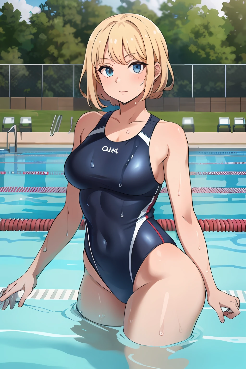 (8k, RAW photo, best quality, masterpiece: 1.45), beautiful, masterpiece, best quality, hiqcgbody, anime, 1girl, medium breasts, olympic swimmer, transparent and Clear black swimsuit, portrait shot, looking at viewer, partially submerged, outdoor pool, wet skin, intricate details,>,((covered :1.2))