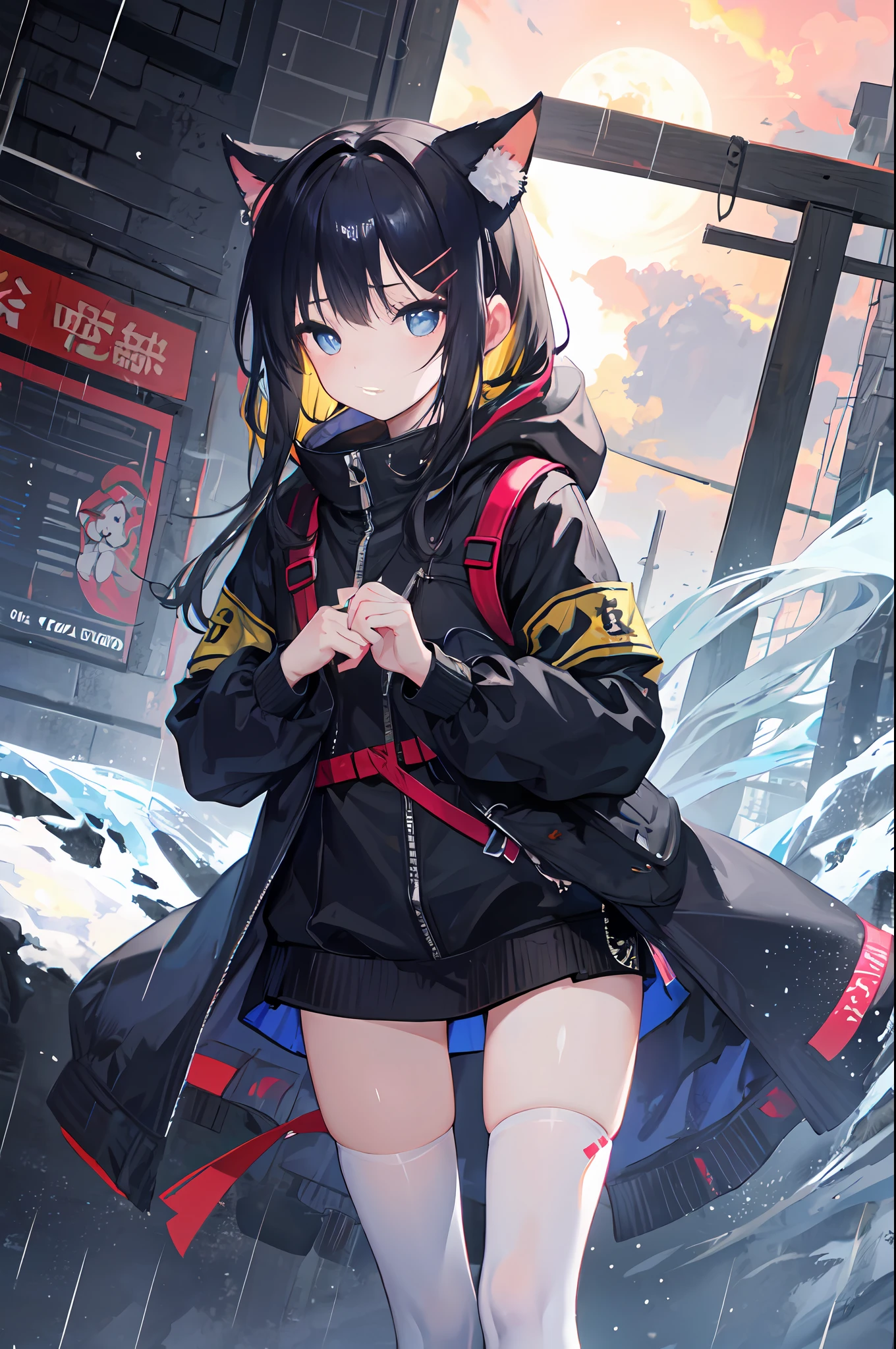((high qulity)), ((tmasterpiece)), 8K, one-girl, bulletproof vest, llight rays, Extremely detailed CG unifies 8K, 8K, Diamond, and wallpaper, GameCG, looking at viewert, mitts, Boots, full bodyesbian, Wrist watch, Computer,Masks,UAVs,handheldweapons,Earphone,jaket,Bao,backpacks,Ark of tomorrow style,Black and white blend trench coat,围巾,with short white hair,Issuing,The sword,yellow armband,Yellow band,Black strap,blue stripe,red color eyes,The sword,Firearms,Straighten your hair with both hands,Detailed hands,detailed back ground,detailed face with,A masterpiece of the Rhode Island Bridge,(best qualtiy:1.2),(super-fine:1.2),illustratio,(Extremely refined and beautiful:1.2),Movie Angle,floatking,(beatiful detailed eyes:1.1),(Detail light:1.1),电影灯光,Exquisite sky,woman,whaite hair,eBlue eyes,(high ponytails:1.1),cloaks,glowing light eyes,(themoon:1.2),(rays of moonlight:1.1),starrysky,(Light particles:1.1),Mist,Snow painting,full bloom,废墟,little bit of raining,,Earphone,White cat ears,Rained,Rain drops,Black hairpin,yellow armband,Blue sea,White tights,white stockings,城市,karo,the sea,Recife