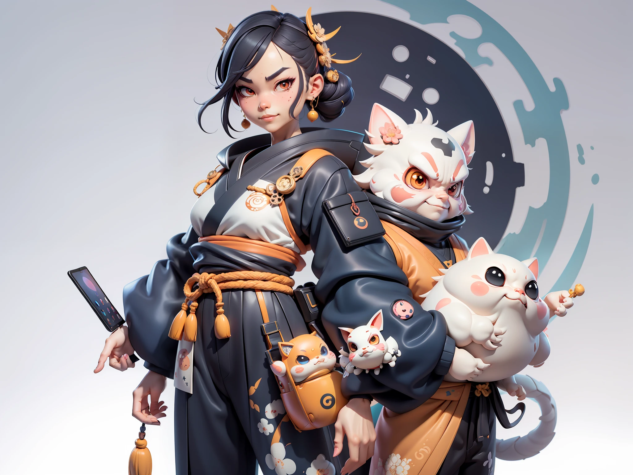 (Daisaku),(Need),(Super meticulous),(full bodyesbian:1.2),Japanese ukiyo-e girl，japanese geisha，Beautiful，Oriental dragon，Aeolian Thor，Raised sexy，爆乳，Oriental face，TV Anchor，Bust portrait illustration，Alone，In black suit，a blue tie，The face is slightly chubby，The face was clean，without a beard，Black super short hair，Black eyes，Smile confidently，3C computer sub-products，iPad， iphone，Digital painting，3D character design by Mark Clairen and Pixar and Hayao Miyazaki and Akira Toriyama，The illustration is a high-definition illustration in 4K resolution，With very detailed facial features and cartoon-style visuals。