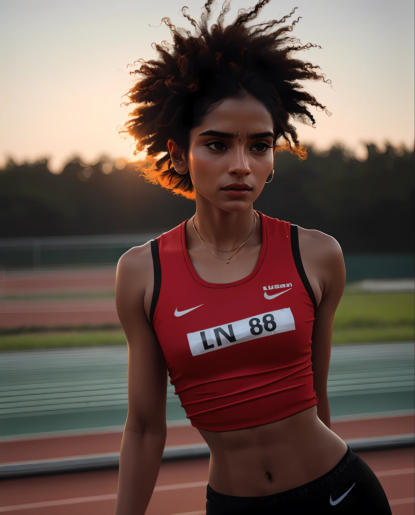beautiful mature Indian college girl, in track outfit, outside on track field, ((slim, petite)), photorealistic, photo, masterpiece, realistic, realism, photorealism, high contrast, photorealistic digital art trending on Artstation 8k HD high definition detailed realistic, detailed, skin texture, hyper detailed, realistic skin texture, armature, best quality, ultra high res, (photorealistic:1.4),, high resolution, detailed, raw photo, sharp re, by lee jeffries nikon d850 film stock photograph 4 kodak portra 400 camera f1.6 lens rich colors hyper realistic lifelike texture dramatic lighting unrealengine trending on artstation cinestill 800,