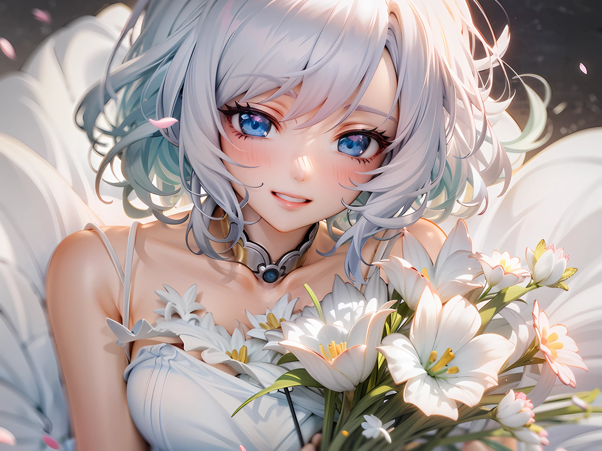 1girl, beautiful eye, smile, Rei Ayanami lookalike, upper body close-up, joyful expression, short, platinum hair, bunny ears poking out from her hair, white, elegant dress, simple yet refined design, platinum hair shimmering in the light, blue eyes gleaming with joy, pose holding a bouquet of flowers to her chest, simple background that accentuates her figure, light catching the petals of the flowers, enhancing their colors, subtle shadows playing on her face, adding depth to her features, the soft texture of her dress visible in the close-up, thin, delicate fingers gently cradling the bouquet, bunny ears adding an element of playfulness to her character, sense of joy and festivity surrounding her, the curve of her lips hinting at a gentle smile, fine lace detailing on the edges of her dress visible in the close-up, the contrast of her platinum hair against the simple background, the tender care with which she holds the bouquet, a soft glow surrounding her, creating an aura of celebration and joy, the pure white of her dress reflecting her innocent happiness, the simple elegance of her short haircut accentuating her delicate features, her eyes focused on the bouquet with an expression of contentment and gratitude, the soft and simple background enhancing her figure and the bouquet she holds, her radiant joy filling the scene,