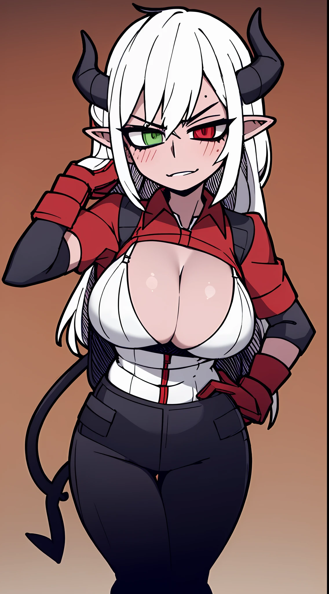 1girl, solo, mature woman, pointy ears, breasts, wide hips, thick thighs, blush, blushing, horns on head, demon tail, large breasts, dynamic angle, sharp focus, standing, heterochromia, 8k resolution, cargo crate, zip up, industrial facility, rolled up sleeve, popped up collar, mechanic jumpsuit, gloves, skin tight, work boots, cargo pockets, chest pockets, cleavage, curvaceous, big breasts, thigh gap, boob overfill, thick thighs, zipping down, hand on zipper,