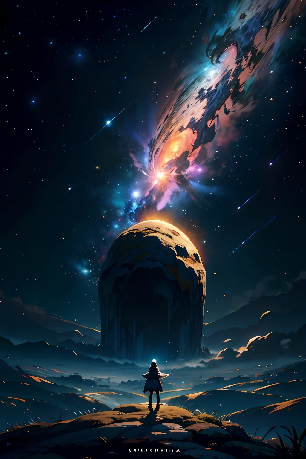 1menino, solo, standingn, outer space, estrela gigante, estrela brilhante, dim sky, roupas de nobre, roupa branca, roupa dourada, roupa preta, yggdrasil tree, giant tree, estrelas menores, (8k super detalhado), (obra-prima), ((obra-prima)), ((cinematic quality)), personagem olhando para a tela, Character in space, fora do planeta, Character flying in space, estrelas de fundo, yggdrasil de fundo, Dark sky around, Dark sky background, nuvens escuras, nuvens claras, personagem de luz, personagem iluminado, personagem brilhante, destaque aos elementos de fundo, destaque ao personagem masculino, roupa nobre branca, figura divina, asas brancas, espada dourada, espada na cintura, arco dourado, arco nas costas, sobretudo branco, ornamentos em dourado, ancient inscriptions, foco no personagem, Character turned in the direction of the screen, personagem olhando a tela, foco no personagem olhando a tela, personagem maior na tela, armas, super poderes, fora da realidade