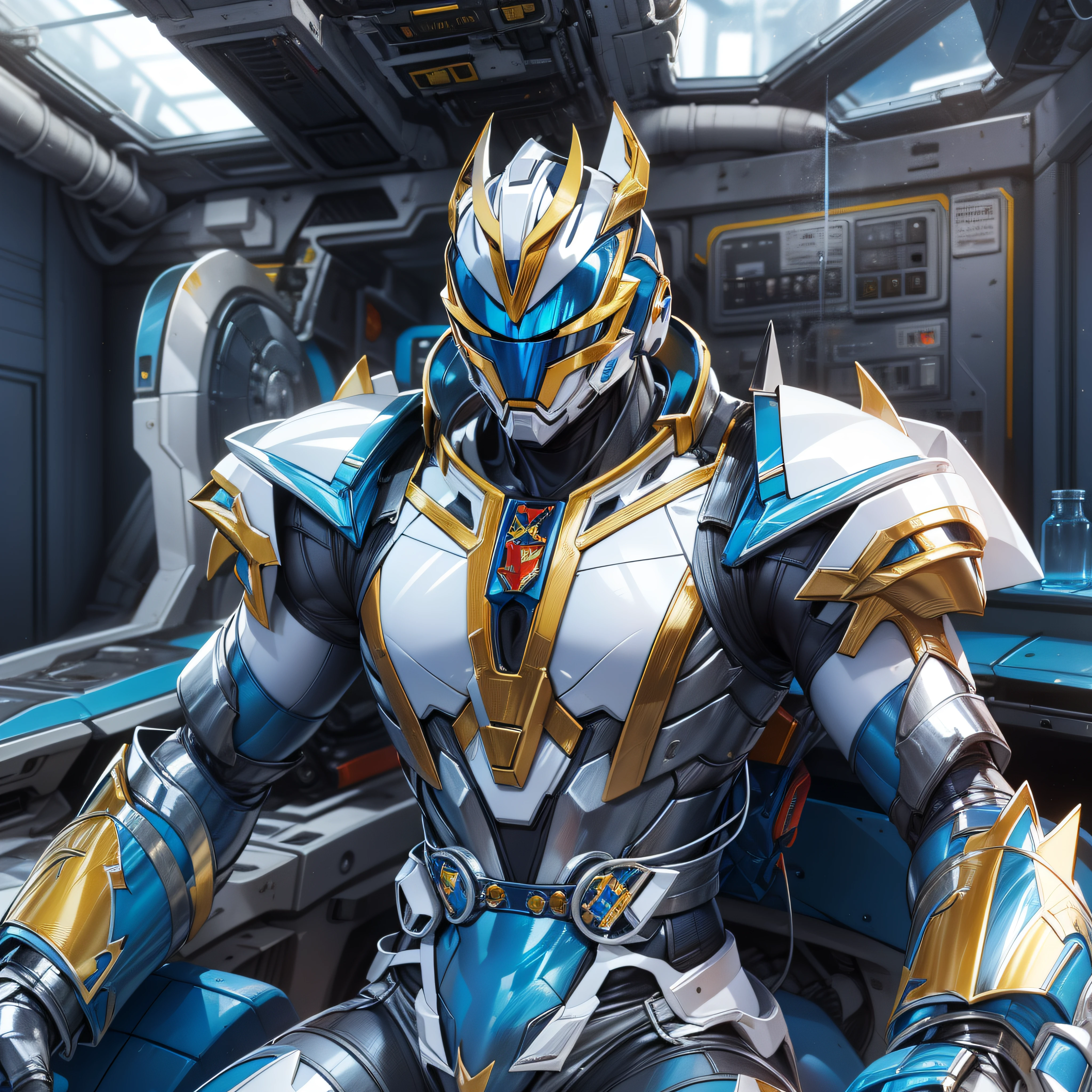1man, masterpiece,best quality, masterpiece, high detail,detailed face,detailed eyes,rendered eyes,perfect eyes,hip lines,ambient occlusion,crisp image,detailed,amazing,8k,8k wallpaper,8k in megazord cockpit background, high detailed skin,high res, ((male shot)), (running), megazord, mecha, (sitting in megazord cockpit) ((solo)), (blue chrome Power Ranger), (((blue chrome armor, blue chrome Rhino helmet, blue chrome bodysuit, white belt, black eyes, white gloves))), (((white boots))), gold chrome armor, white gloves, blue chrome bodysuit, vambraces, photo-realistic, ultra-realistic, unreal engine,