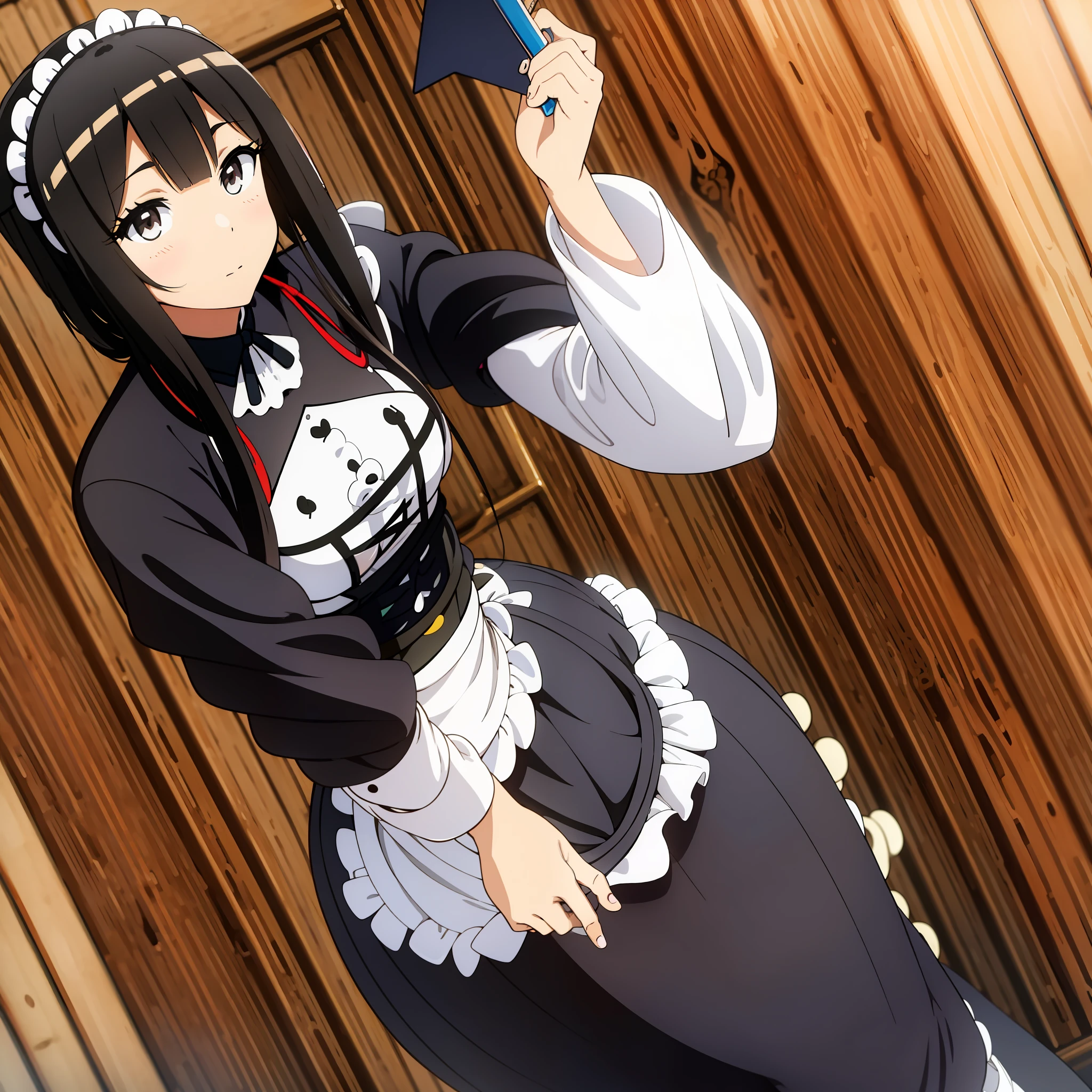 Young maid with black hair and black eyes. She is light brown and docile. anime girl. She has a horn as a dragon and some scales on her skin. Anime girl