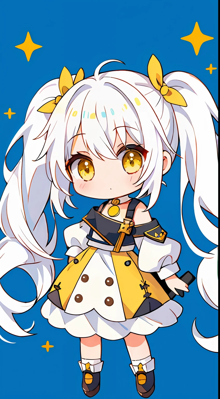 Chibi、Mini、One girl、white  hair、yellow  eyes、cute little、Twin-tailed、High twin tails、​masterpiece、Top image quality、top-quality、Shoulder-length clothing、a very cute