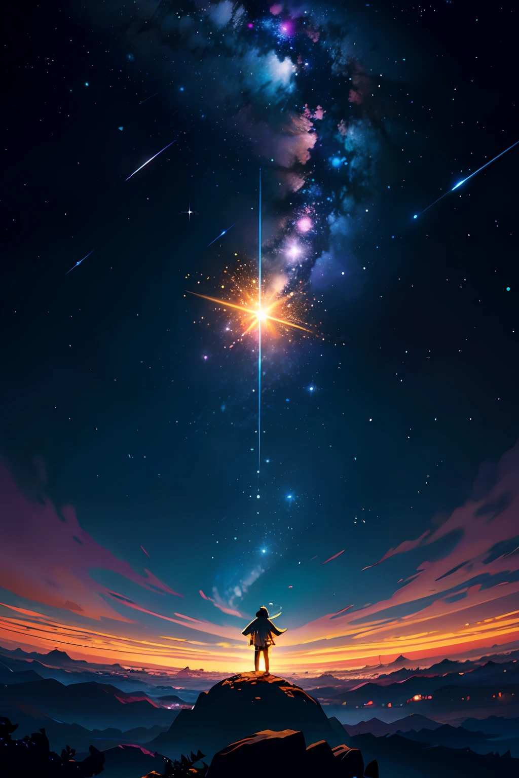 1menino, solo, standingn, outer space, estrela gigante, estrela brilhante, dim sky, roupas de nobre, roupa branca, roupa dourada, roupa preta, yggdrasil tree, giant tree, estrelas menores, (8k super detalhado), (obra-prima), ((obra-prima)), ((cinematic quality)), personagem olhando para a tela, Character in space, fora do planeta, Character flying in space, estrelas de fundo, yggdrasil de fundo, Dark sky around, Dark sky background, nuvens escuras, nuvens claras, personagem de luz, personagem iluminado, personagem brilhante, destaque aos elementos de fundo, destaque ao personagem masculino