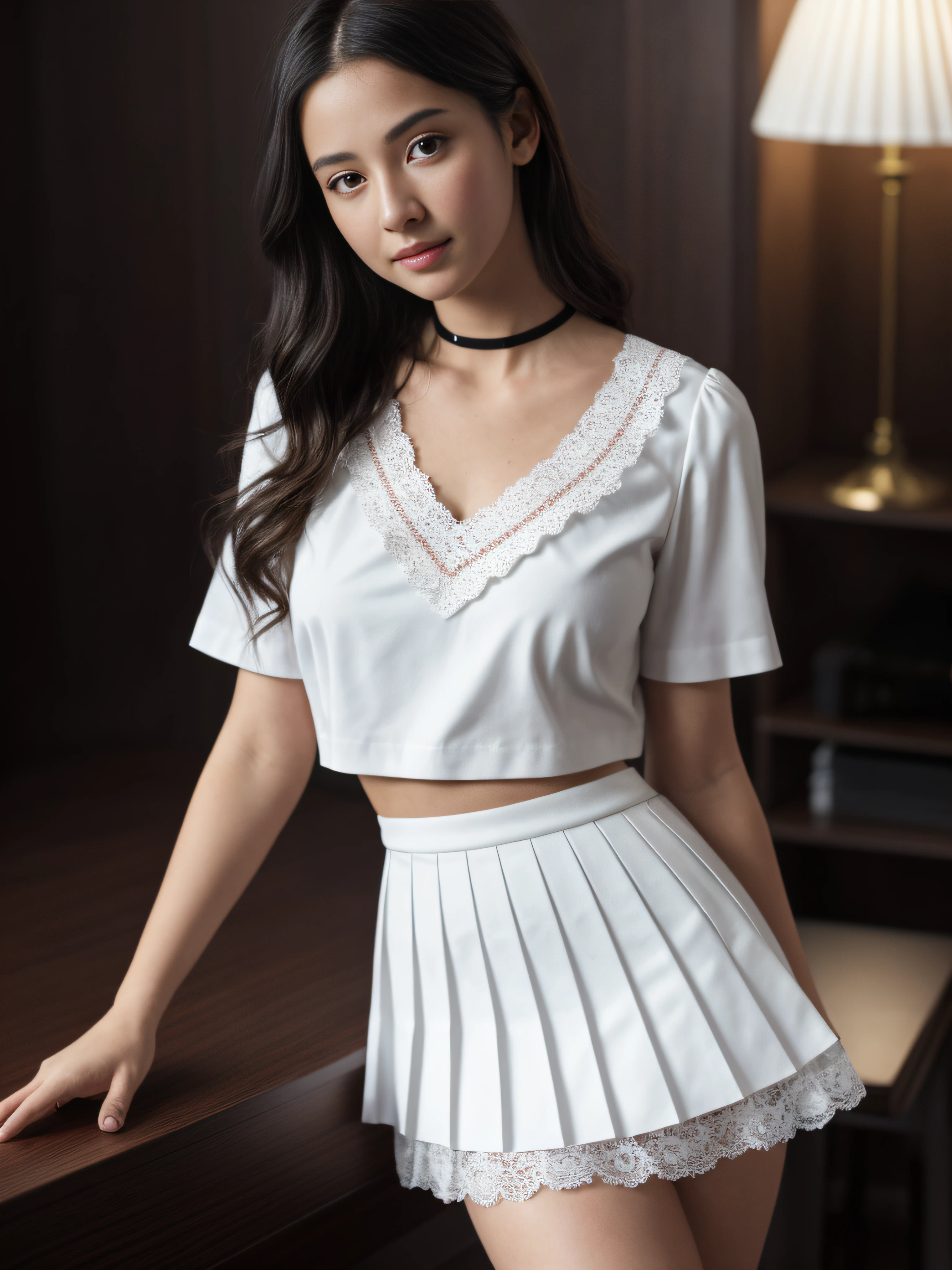 Full body portrait of a stunningly beautiful student girl without make-up, , school uniform, white v-neck blouse with lace and neckline, red short skirt with pleats and butterfly patterns, black knee-high stockings with diamond patterns, red bow, extremely detailed light hazel eyes, detailed symmetric realistic face, extremely detailed natural skin texture, peach fuzz, messy hair, masterpiece, absurdres, nikon d850 film stock photograph, kodak portra 400 camera f1.6 lens, extremely detailed, amazing, fine detail, rich colors, hyper realistic lifelike texture, dramatic lighting, cinestill 800 tungsten, raw photo, high quality, highres, sharp focus, extremely detailed, cinematic lighting, 8k uhd