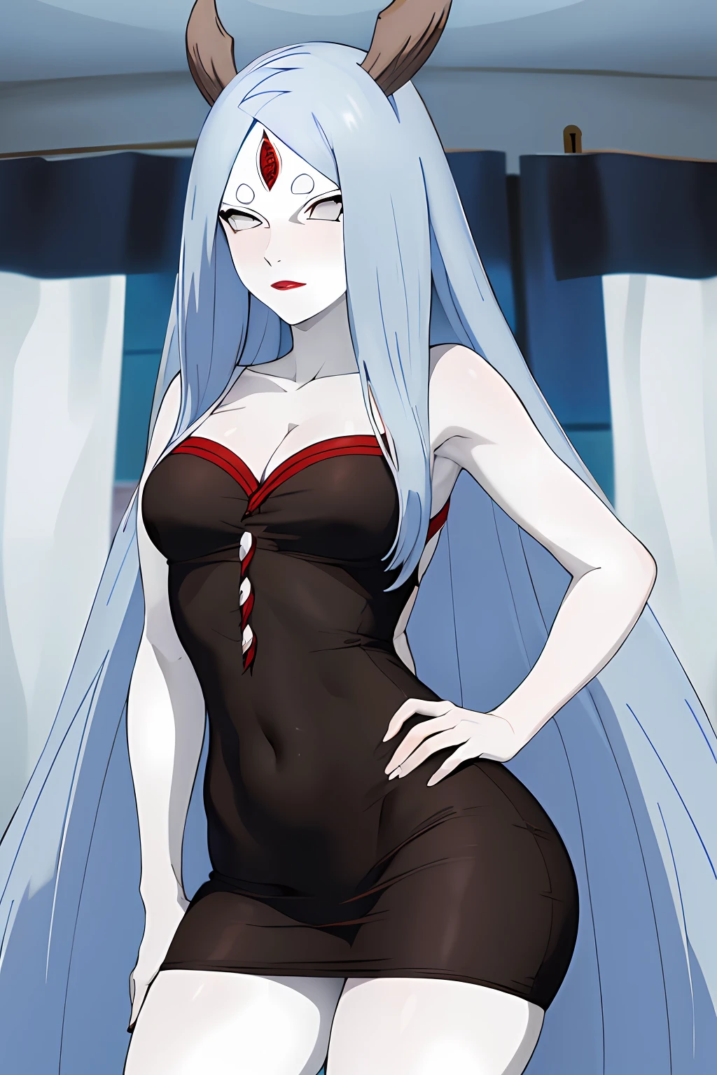 (Alta qualidade) solo, (Melhor qualidade, 8k, UHD: 1.2) obra-prima, melhor qualidade, altamente detalhado, ultra-detalhado, um extremamente delicado e belo, obra-prima, 1girl, solo, kaguya, matural female, seios grandes, cabelo longo, chifres, sobrancelhas curtas brancas, (pale skinned: 1.3), olhando para o espectador,Room, janela, wariza, sexy, vestido, corpo inteiro, corpo perfeito, sexy Body,