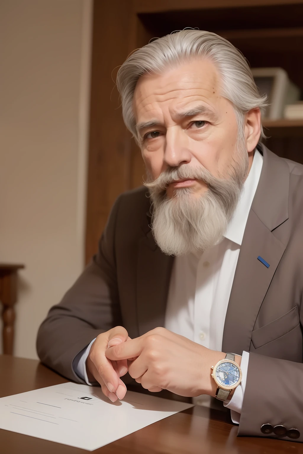 Wise old man, de 56 anos, in dark blue jacket, classical style, maintain the beard and the characteristics of the photo, envelhecer, maintain the facial features of the ControlNet 1 image,  Img2Img hands-free image, cabelo raspado nas laterais.