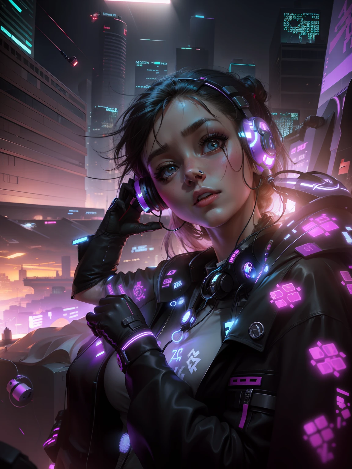 Change background cyberpunk cute girl, realistic face ,8k , earphone in ears