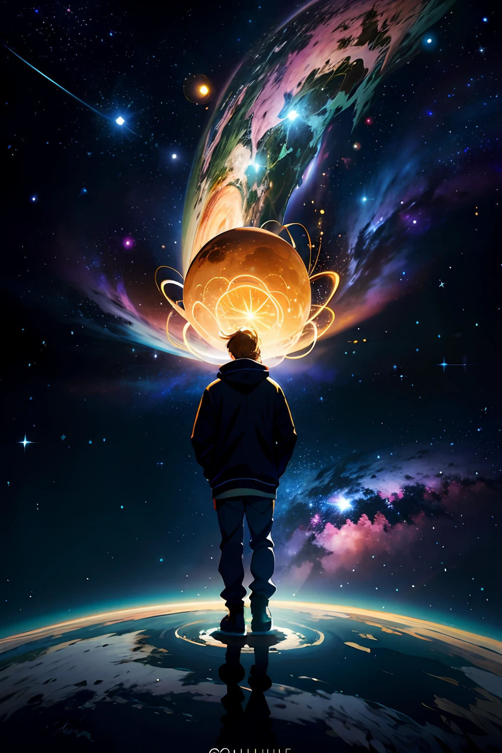 1menino, solo, standingn, outer space, estrela gigante, estrela brilhante, dim sky, roupas de nobre, roupa branca, roupa dourada, roupa preta, yggdrasil tree, giant tree, estrelas menores, (8k super detalhado), (obra-prima), ((obra-prima)), ((cinematic quality)), personagem olhando para a tela, Character in space, fora do planeta, Character flying in space, estrelas de fundo, yggdrasil de fundo, Dark sky around, Dark sky background, nuvens escuras, nuvens claras, personagem de luz, personagem iluminado, personagem brilhante, destaque aos elementos de fundo, destaque ao personagem masculino, cabelo dourado, cabelo amarelo, cabelo liso,cabelo comprido, cabelo longo, homem adulto, Character floating out of space, spacetime, Dimensions, perspectiva de fora