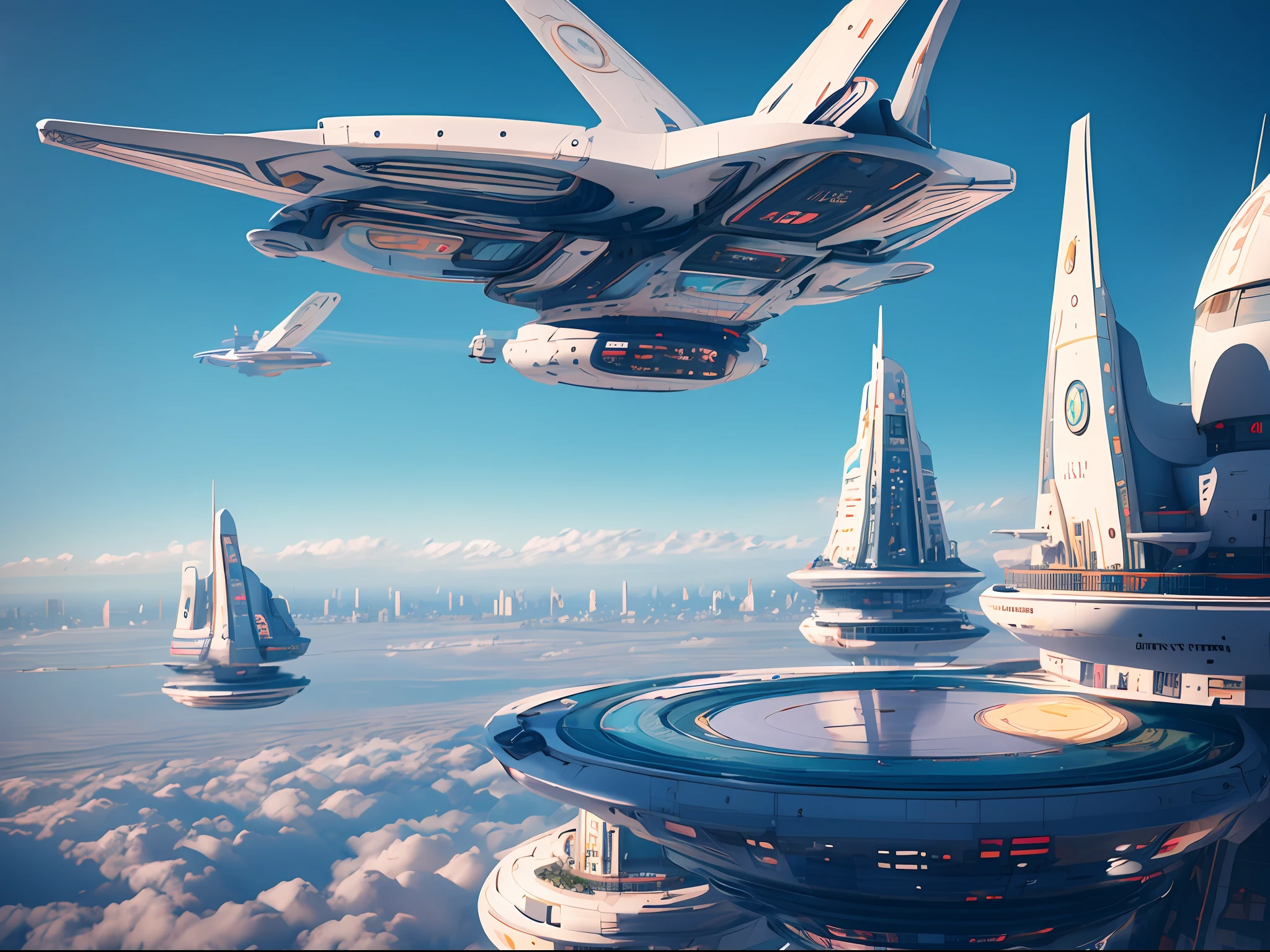 ciudad futuristica naves volando nubes