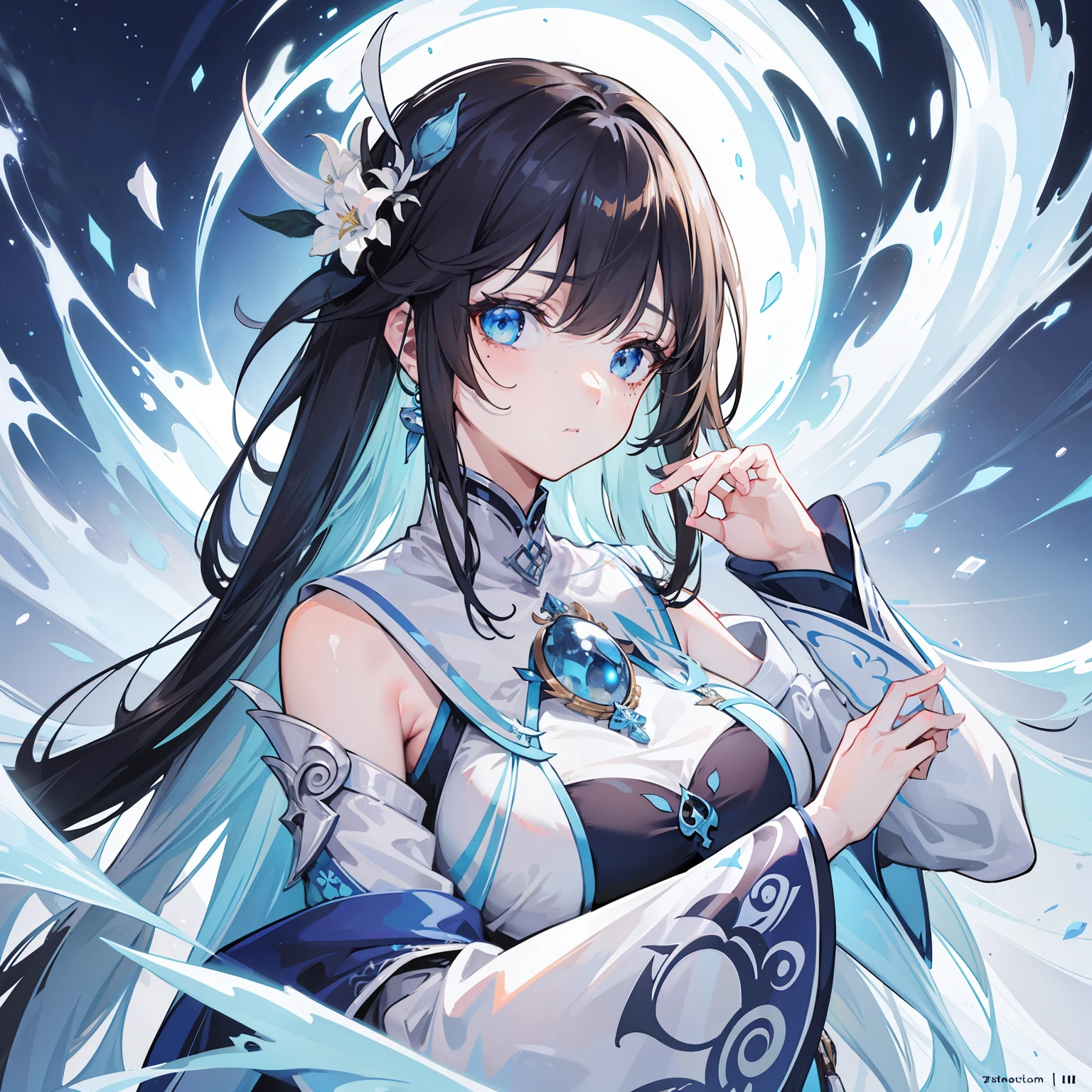 best quality, masterpiece, illustration, an extremely delicate and beautiful, extremely detailed ,CG ,unity ,8k wallpaper, Amazing, finely detail, masterpiece,best quality,official art, extremely detailed CG unity 8k wallpaper,l, huge filesize, ultra-detailed, highres, extremely detailed, extremely detailed eyes and face, beautiful detailed eyes, cute, expressive eyes, light blue upturned eyes, white and navy blue fantasy outfit, long dark brown hair, freckles, genshin, full body, hyrdro vision,