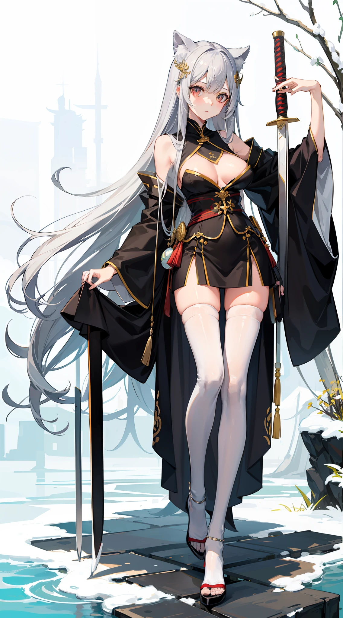 Graceful legs、long thin legs、thighhighs and skirt、long legged、Very beautiful slim legs、Very beautiful long slim legs、Walking、nice leg、good hips and long legs、Beautiful legs、cleavage of the breast、Colossal tits、 kindly smile、Girl with a long Japan sword、Silvery hair、Shrine of Japan、One sword、Chonoki、Close-up photos
