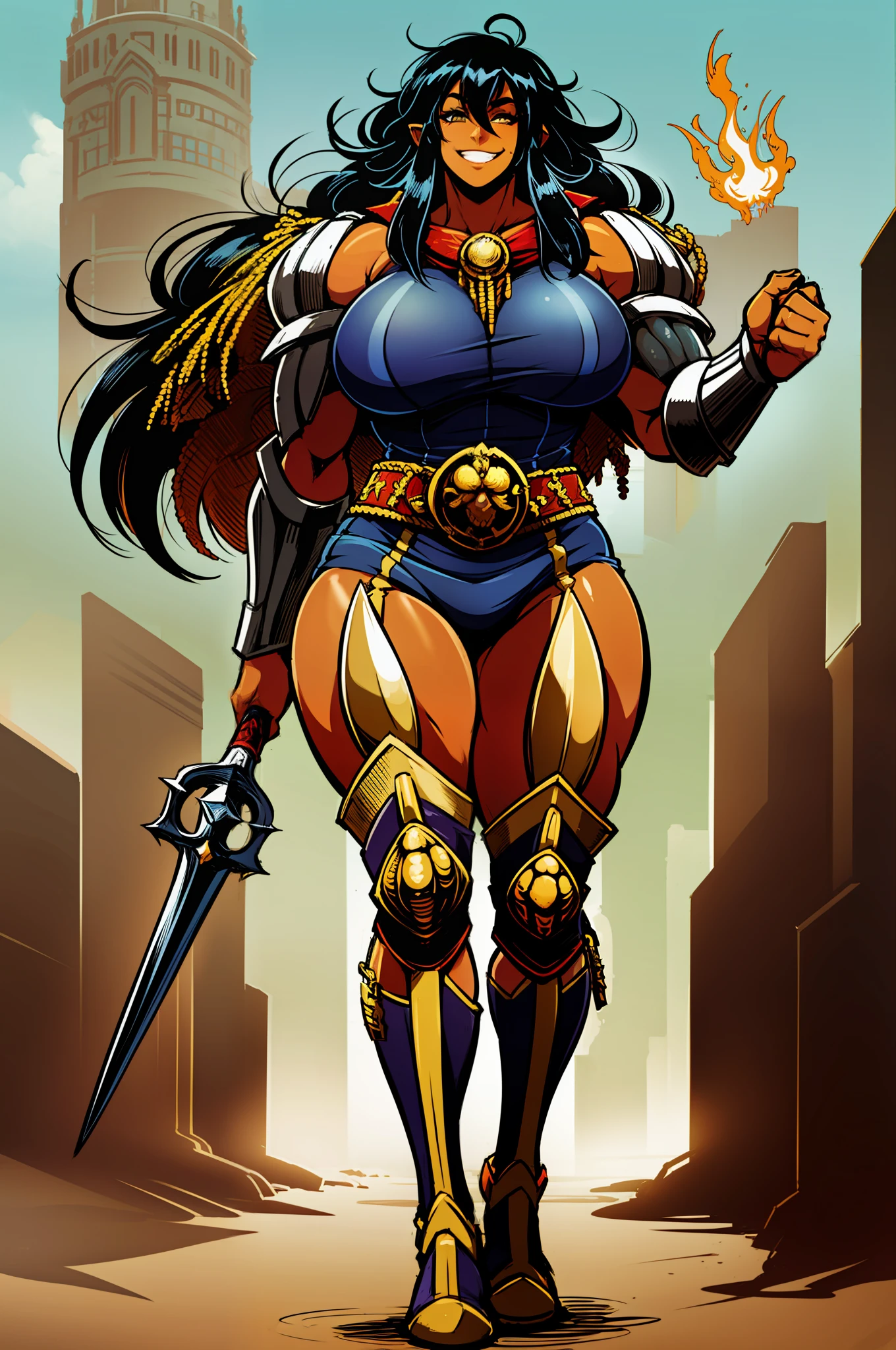 gogo, long hair, black hair, tallgirl,darkskinned-female,, musclegirl, fantasy,barbarian,berserker,huge breast,revealing cloths, full body, boots, holding lance, boots, , walking