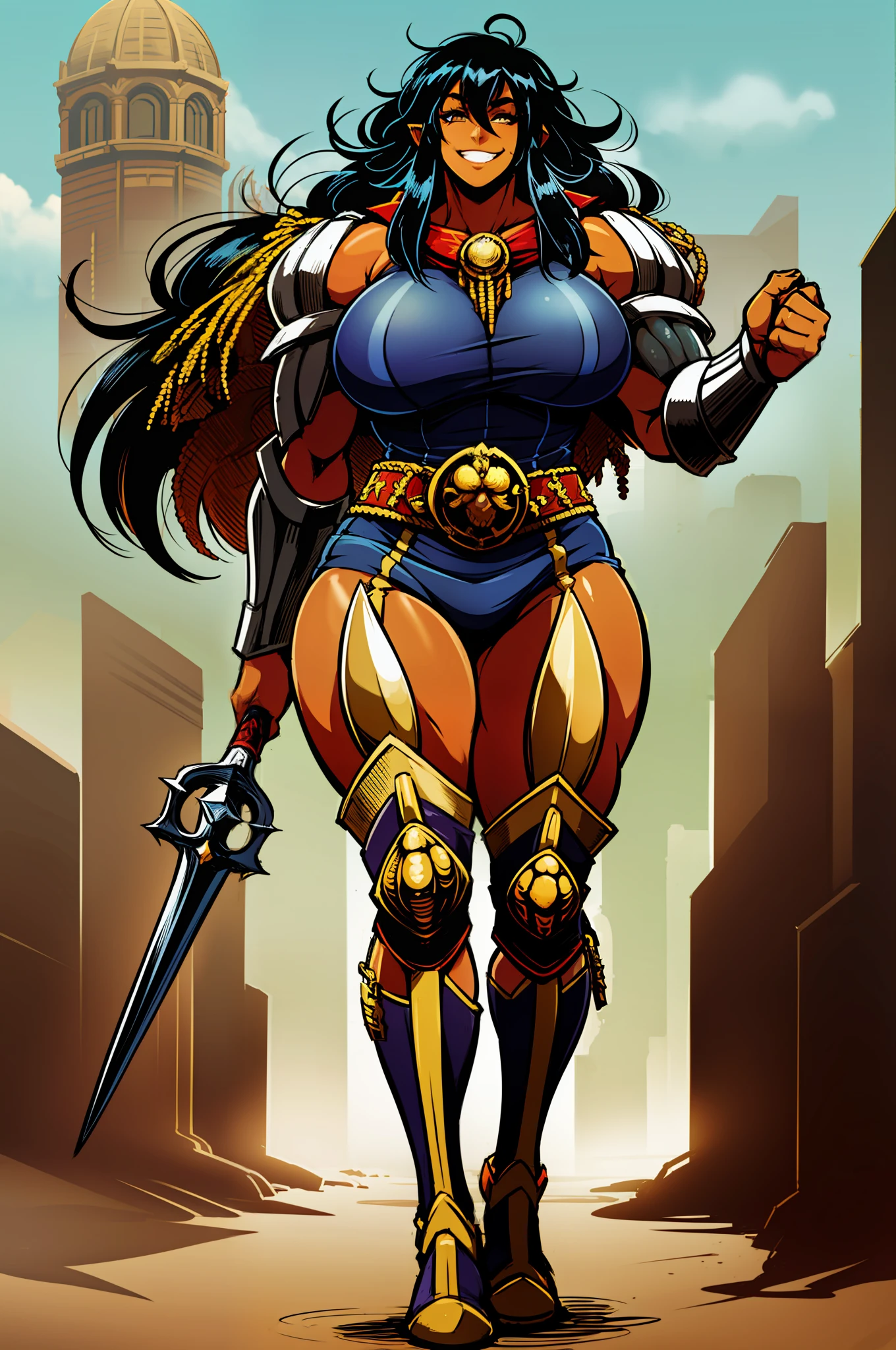 gogo, long hair, black hair, tallgirl,darkskinned-female,, musclegirl, fantasy,barbarian,berserker,huge breast,revealing cloths, full body, boots, holding lance, boots, , walking