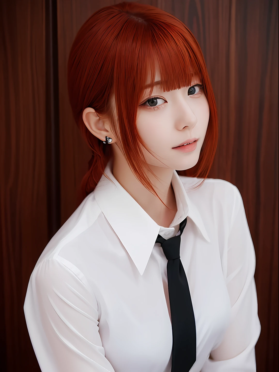 (Best Quality, masutepiece:1.2), 1 girl, Solo, Red hair,Eyes with beautiful details,(White shirt),Cowboy Shot,Black tie,Bangs,ear,Breast