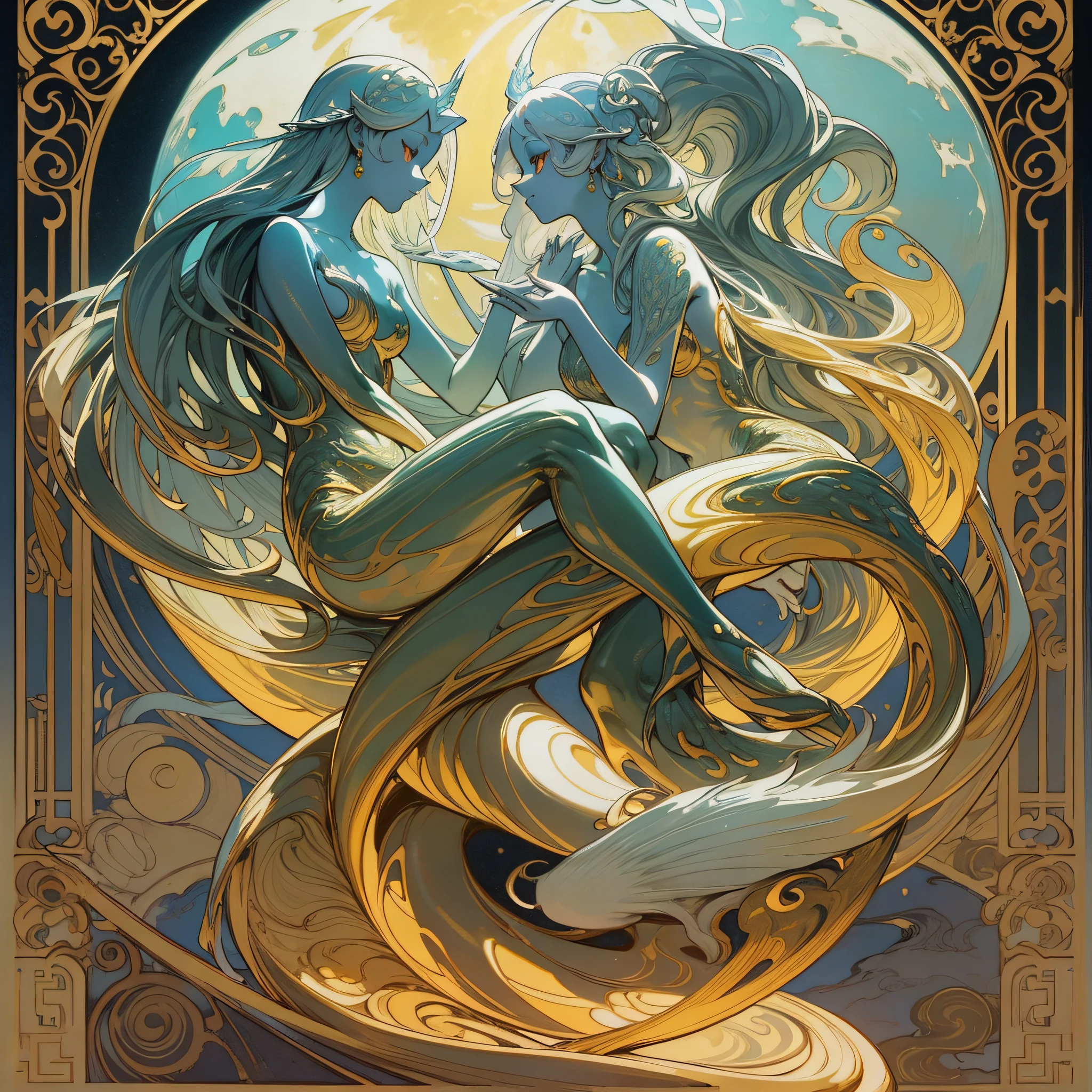 (maximum quality, exquisite design, better lighting, better shading), statue of 2 mermaids in the form of Yin Yang, under the moon and the sun, detailed and realistic details, intricate, carved in yellow and red marble, shining with moonlight and sunlight, a perfect balance between light and dark, mystical and serene.