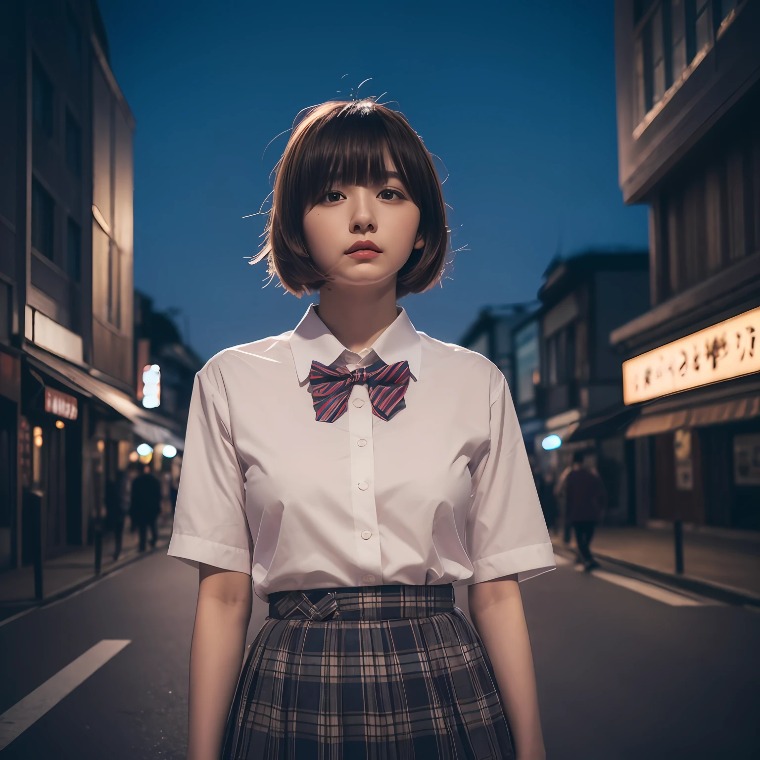 (8k, RAW photo, best quality, masterpiece:1.2), (realistic, photo-realistic:1.37), ultra-detailed, 1 girl,cute, solo,beautiful detailed sky,detailed tokyo street,night, medium breasts,beautiful detailed eyes,(collared shirt:1.1), bowtie,pleated skirt,(short hair:1.2),floating hair,short hai,