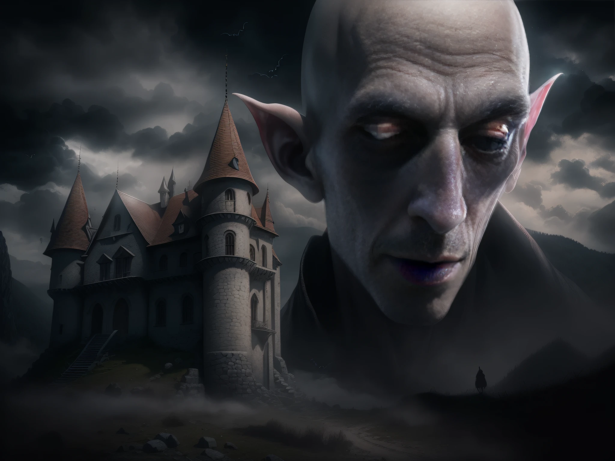 (((hyper realistic face)))(((extreme realistic skin detail))) (face with detailed shadows) (masterpiece, highest quality), (realistic, photo_realistic:1.9), ((Photoshoot))) A photograph of Nosferatu, the iconic vampire character, in the setting of a castle at night. Nosferatu is in the foreground, illuminated by the light of the full moon. The castle stands tall in the background, surrounded by menacing clouds over the Carpathian mountains. Captured with a mirrorless camera, a fine-grained film is used to add detail and texture. Lateral lighting creates dramatic shadows, accentuating the contours of Nosferatu's face. A light layer of fog extends over the ground, adding a mysterious ambiance. Bats fly in the dark sky. sharp focus, 8k, UHD, high quality, frowning, intricate detailed, highly detailed, hyper-realistic.