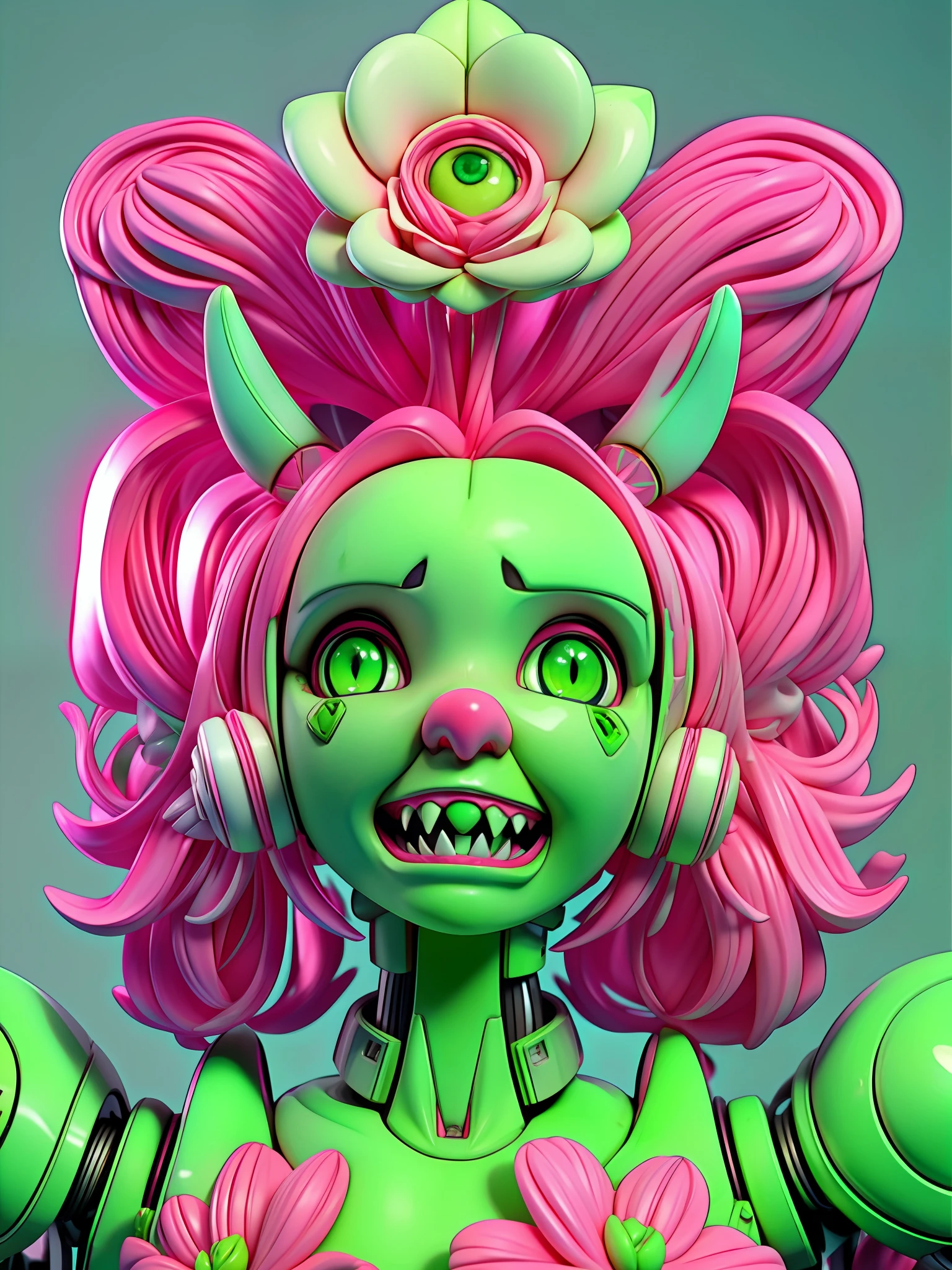 Giant pink haired flower ear sharp teeth green eyes robot body