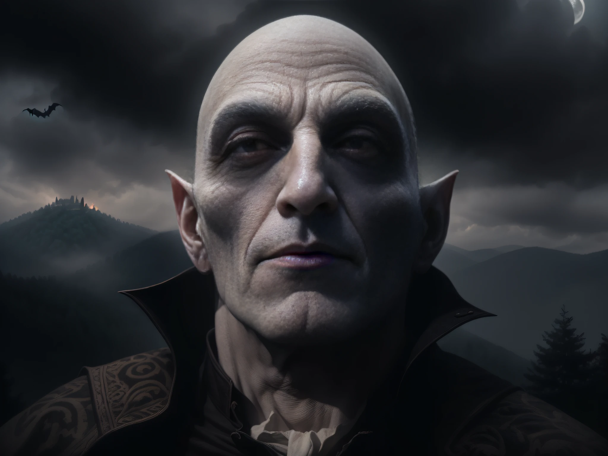 (((hyper realistic face)))(((extreme realistic skin detail))) (face with detailed shadows) (masterpiece, highest quality), (realistic, photo_realistic:1.9), ((Photoshoot))) A photograph of Nosferatu, the iconic vampire character, in the setting of a castle at night. Nosferatu is in the foreground, illuminated by the light of the full moon. The castle stands tall in the background, surrounded by menacing clouds over the Carpathian mountains. Captured with a mirrorless camera, a fine-grained film is used to add detail and texture. Lateral lighting creates dramatic shadows, accentuating the contours of Nosferatu's face. A light layer of fog extends over the ground, adding a mysterious ambiance. Bats fly in the dark sky. sharp focus, 8k, UHD, high quality, frowning, intricate detailed, highly detailed, hyper-realistic.