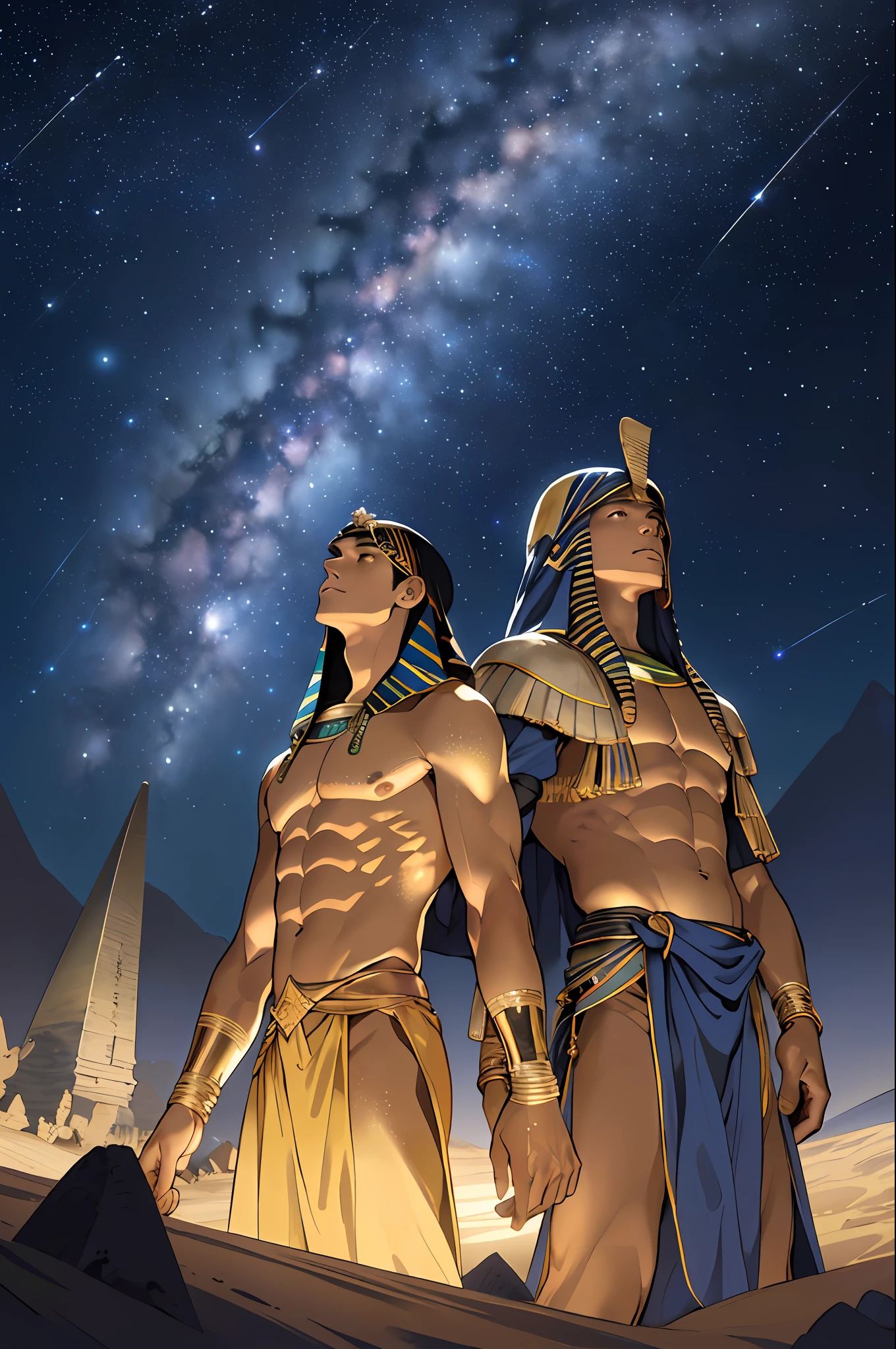 (Pintura digital), (melhor qualidade),corpo humanamente perfeito ,Egyptian pyramids, alta qualidade, Stunning night sky, Estrelas cintilantes, lua cheia suave, Mysterious Milky Way, Vento suave, serene silence, Connection with the infinite universe