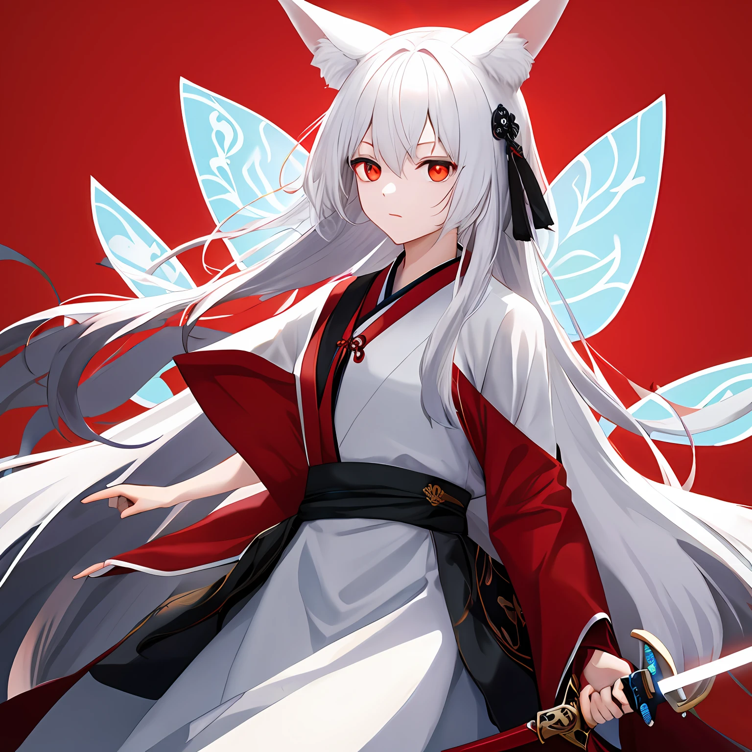 white color hair，red color eyes，Holding a fairy sword，fox ear，Hanfu，Ink wind