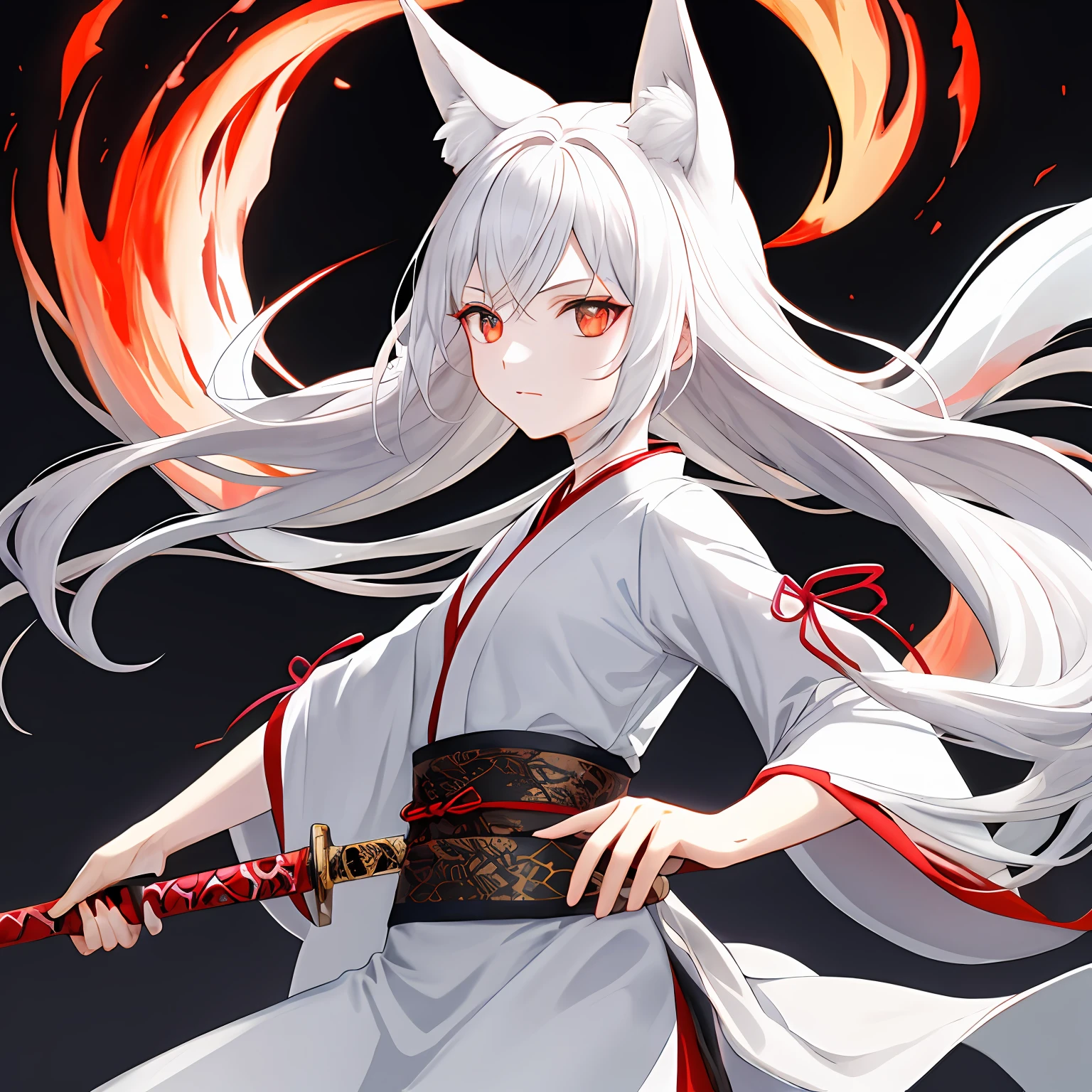 white color hair,red color eyes,Holding a fairy sword,fox ear,Hanfu,Ink wind