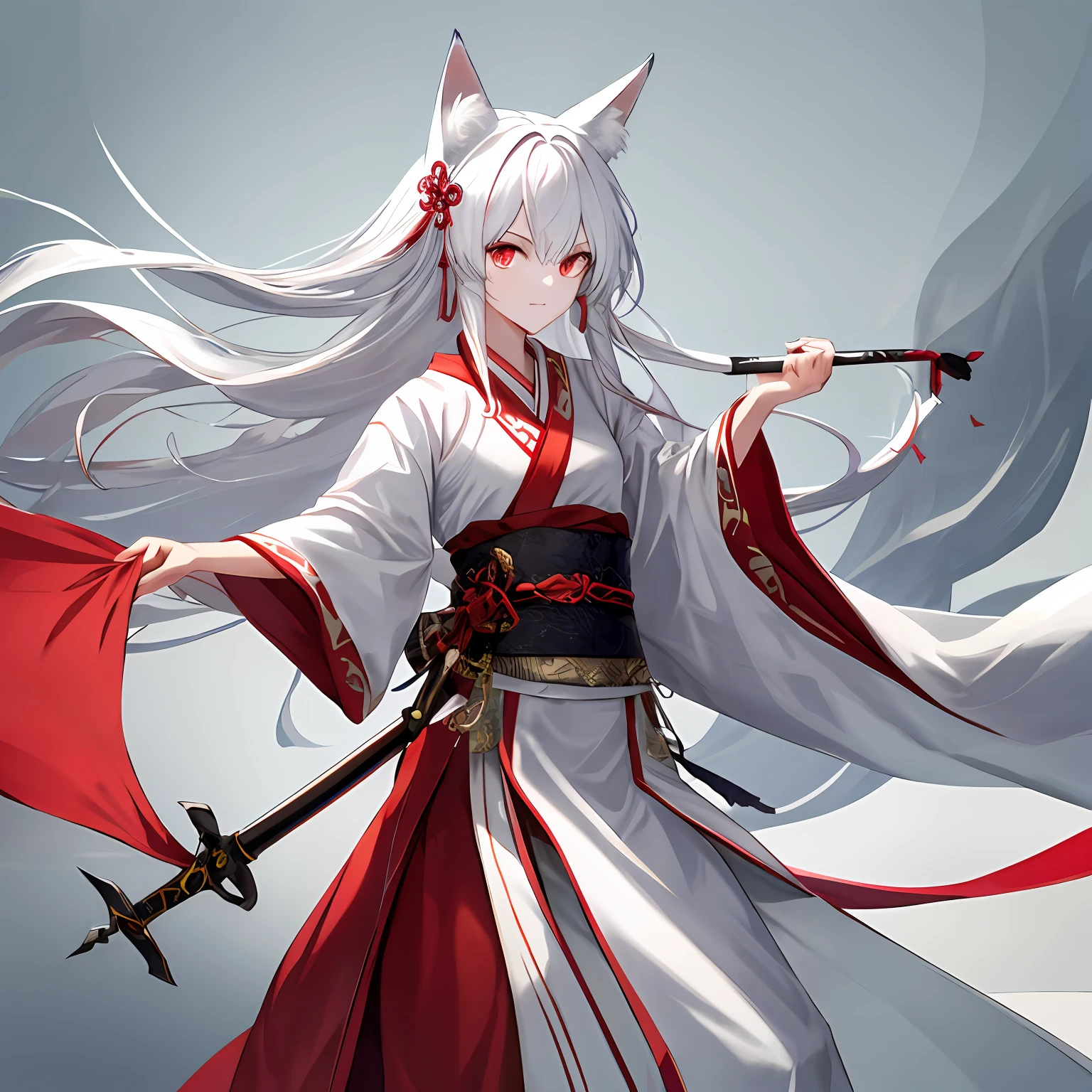 white color hair,red color eyes,Holding a fairy sword,fox ear,Hanfu,Ink wind