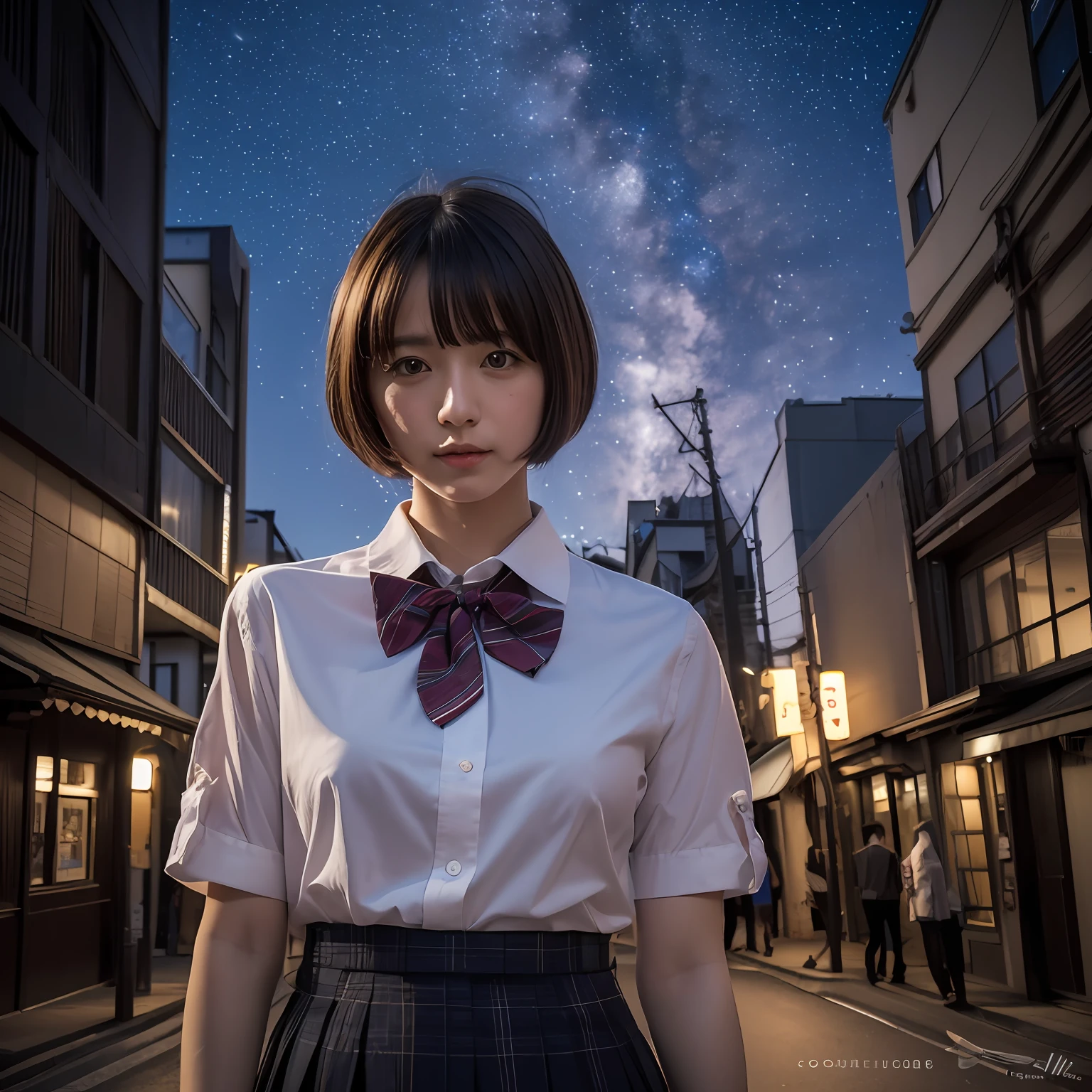 (8k, RAW photo, best quality, masterpiece:1.2), (realistic, photo-realistic:1.37), ultra-detailed, 1 girl,cute, solo,beautiful detailed sky,detailed tokyo street,night, medium breasts,beautiful detailed eyes,(collared shirt:1.1), bowtie,pleated skirt,(short hair:1.2),floating hair,short hai,