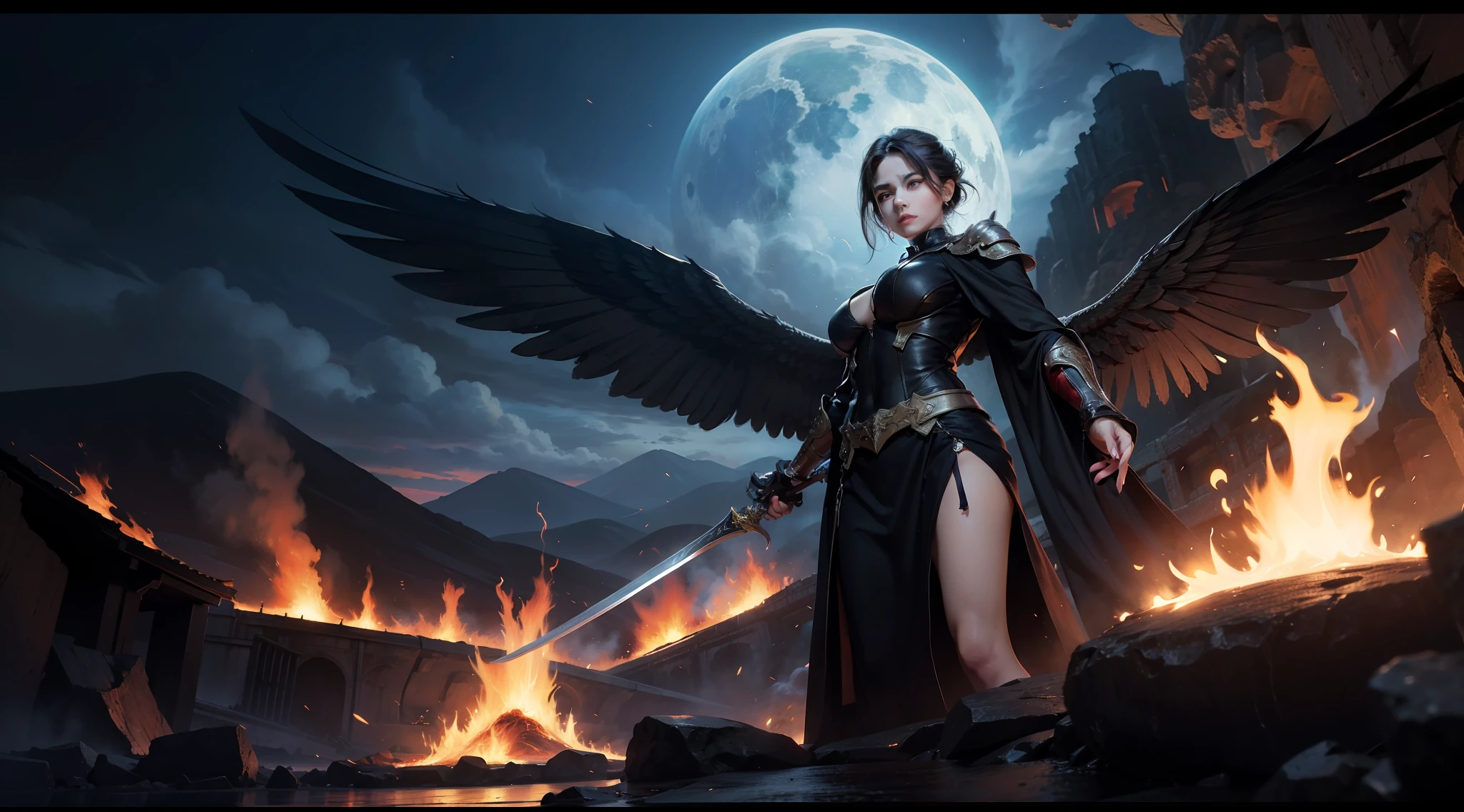 ((best qualtiy)), ((tmasterpiece)), (with dynamism:1.3),(Saturation:1.3),(Close portrait:1.3),(femele:1.4),(big breasts beautiful: 1.4),(carismatic:1.3),angelicales,Red eyes,Bright magic,Large breasts,complex patterns,Film filter, ,dramatics,dynamicposes,illusory engine, (High detail: 1.9),mystic symbols,black toga,massive wings,Black wings,red color eyes,Arrogant look,Burning longsword,with a volcano in the background,molten lava,The sky has huge eyes