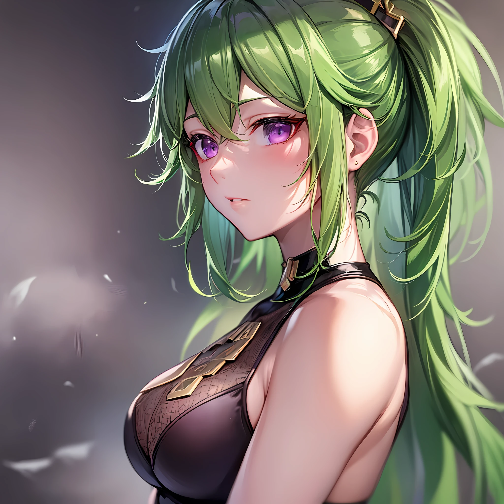 Mast, best quality, 1 girl, kuki shinobu \ (Genshin Impact), green hair, purple eyes, beautiful hair, headband, hair accessories, looking at the audience, from the side