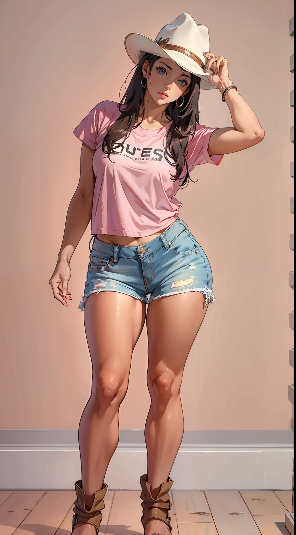 mulher, de quatro, short jeans rasgado, buceta e  a mostra, super gostosa, ultra realista, delineado, 8k, cowboy hat on head, camiseta quadriculada rosa, seios expostos, nua
