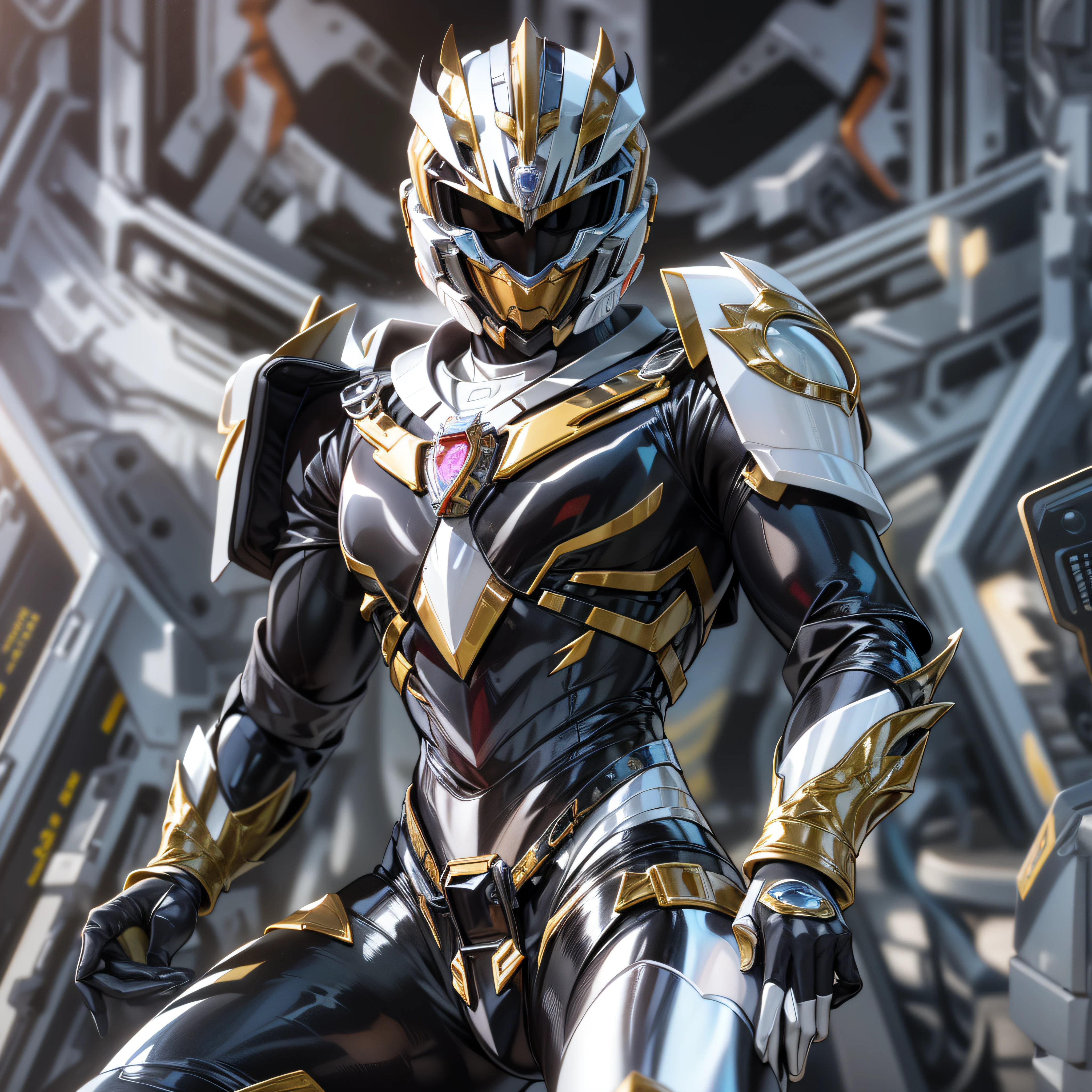 1man, masterpiece,best quality, masterpiece, high detail,detailed face,detailed eyes,rendered eyes,perfect eyes,hip lines,ambient occlusion,crisp image,detailed,amazing,8k,8k wallpaper,8k in megazord cockpit background, high detailed skin,high res, ((male shot)), (running), megazord, mecha, (sitting in megazord cockpit) ((solo)), (black chrome Power Ranger), (((black chrome armor, black chrome hawk helmet, black chrome bodysuit, white belt, black eyes, white gloves))), (((white boots))), gold chrome armor, white gloves, black chrome bodysuit, vambraces, photo-realistic, ultra-realistic, unreal engine,